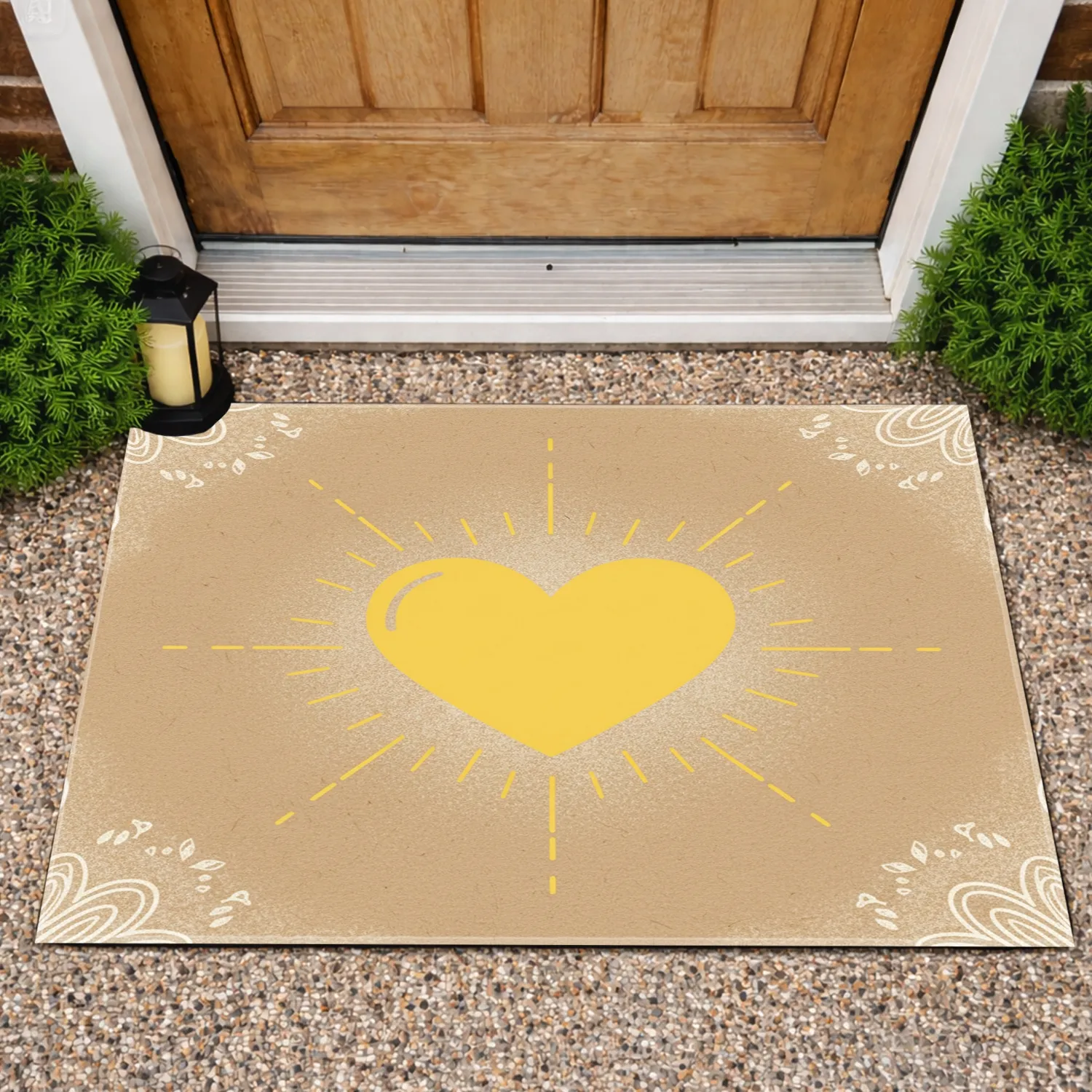 Yellow Heart Symbol with Radiating Rays - Warm Welcoming Home and Garden Decor Gift Doormat - 1