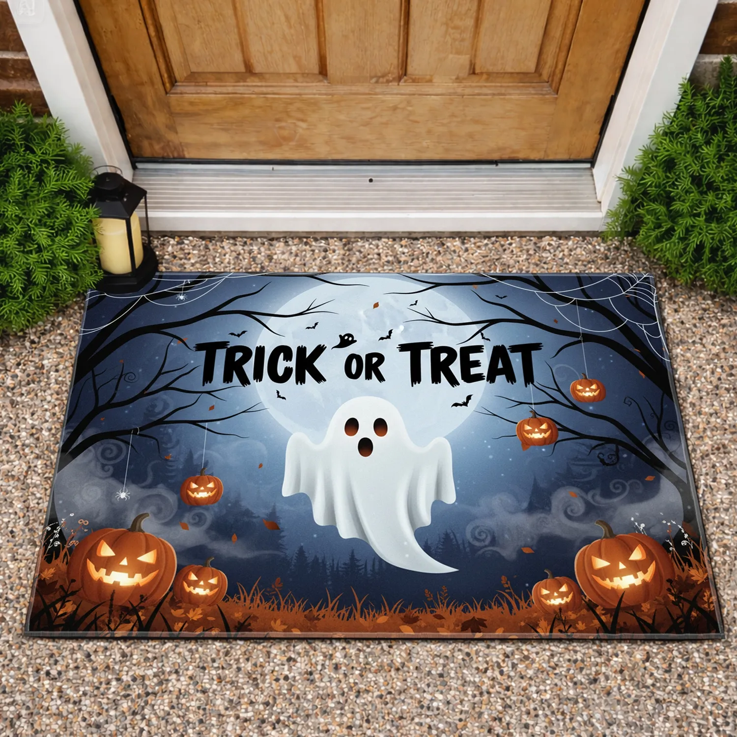 Trick or Treat Ghost Bats Pumpkins - Spooky Halloween Decor Doormat - 1