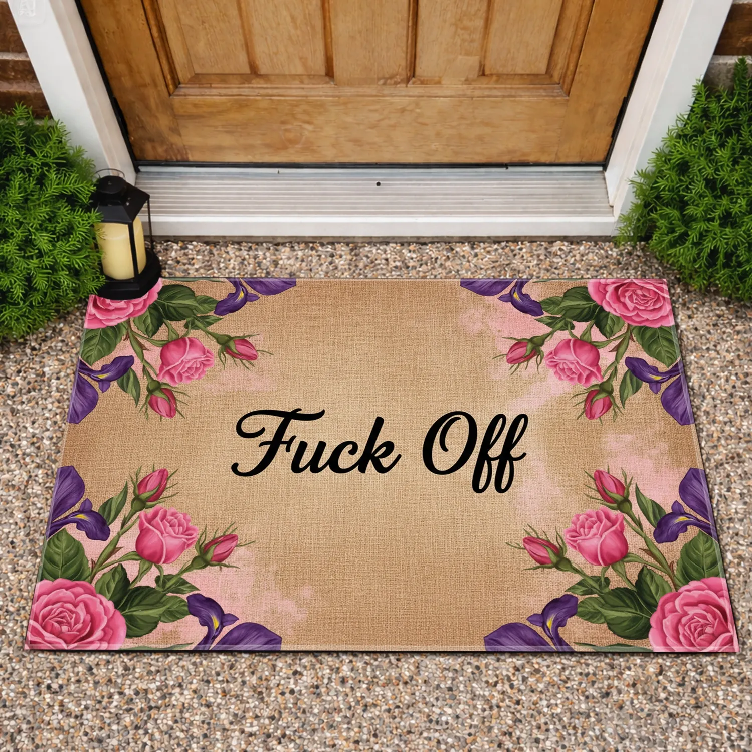 Fuck Off Script Pink Roses Purple Iris Floral - Home Decor Gift Doormat - 1