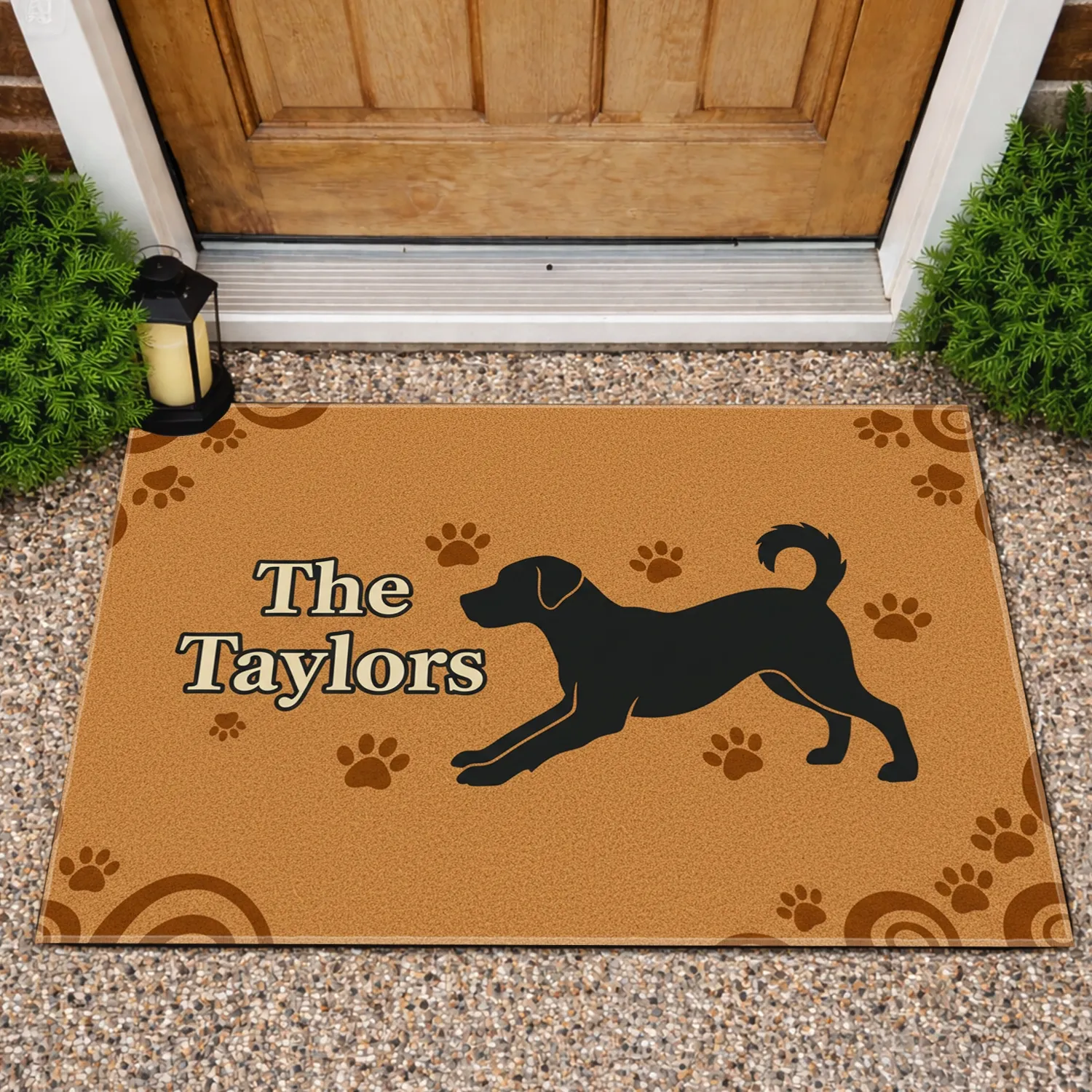 Black Dog Deep Play Bow Custom Family Name Paw Prints - Outdoor Home Decor Gift Doormat - 1
