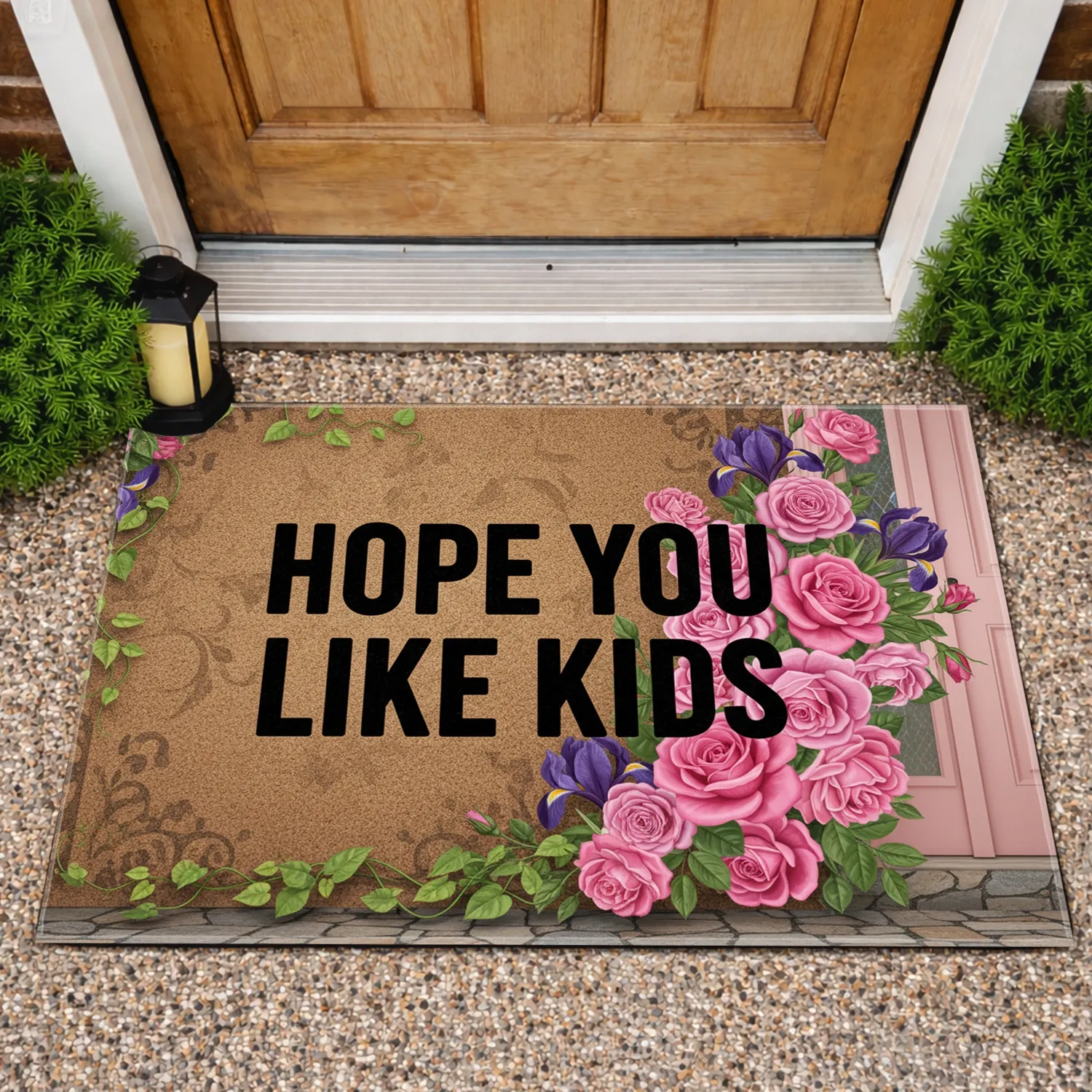 Hope You Like Kids Pink Roses Purple Irises - Welcoming Family Home Decor Gift Doormat - 1