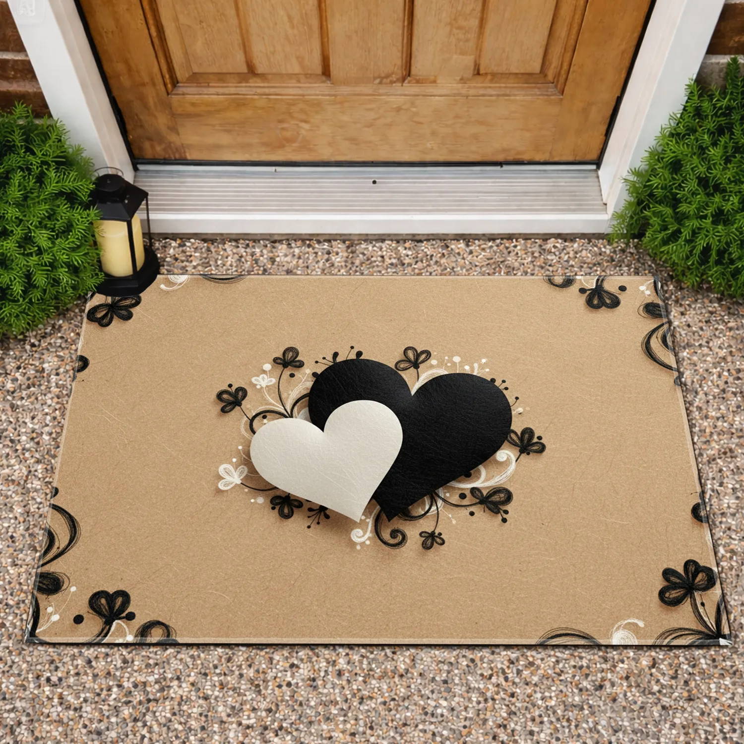 Distinct Overlapping Black Off-White Hearts Tan Background - Elegant Home Decor Gift Doormat - 1