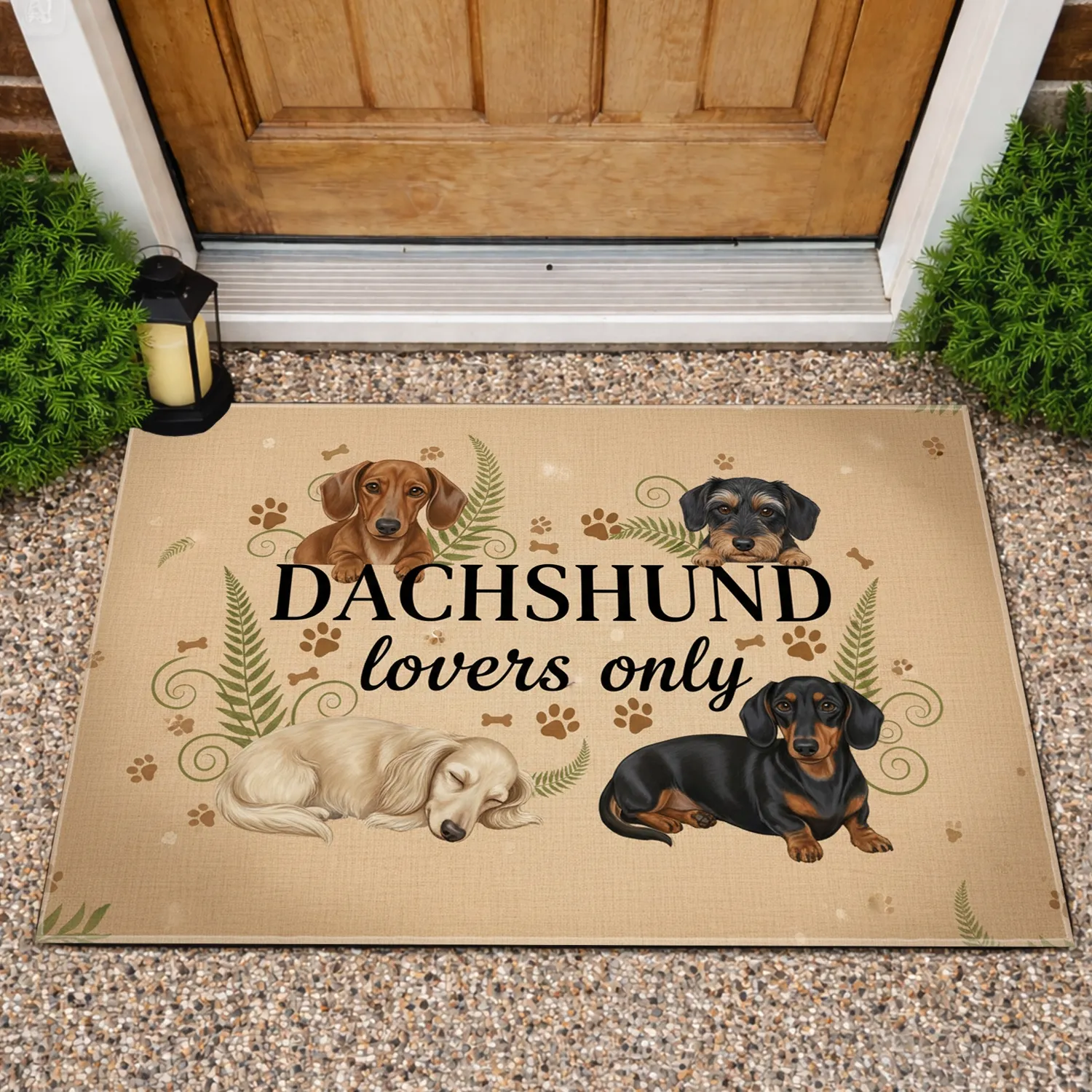DACHSHUND Lovers Only Dachshunds Paw Prints Bone Shapes Domestic Greenery - Gift for Dachshund Owners Doormat - 1