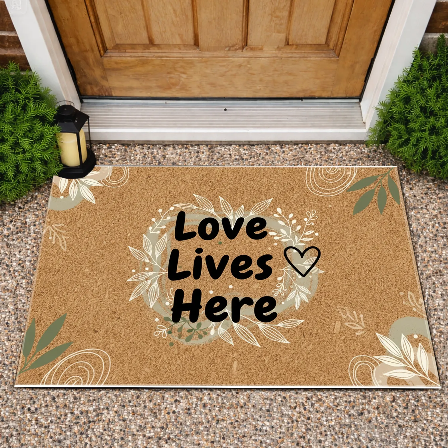 Love Lives Here Heart Delicate Leaf Vine Home Decor Doormat - 1
