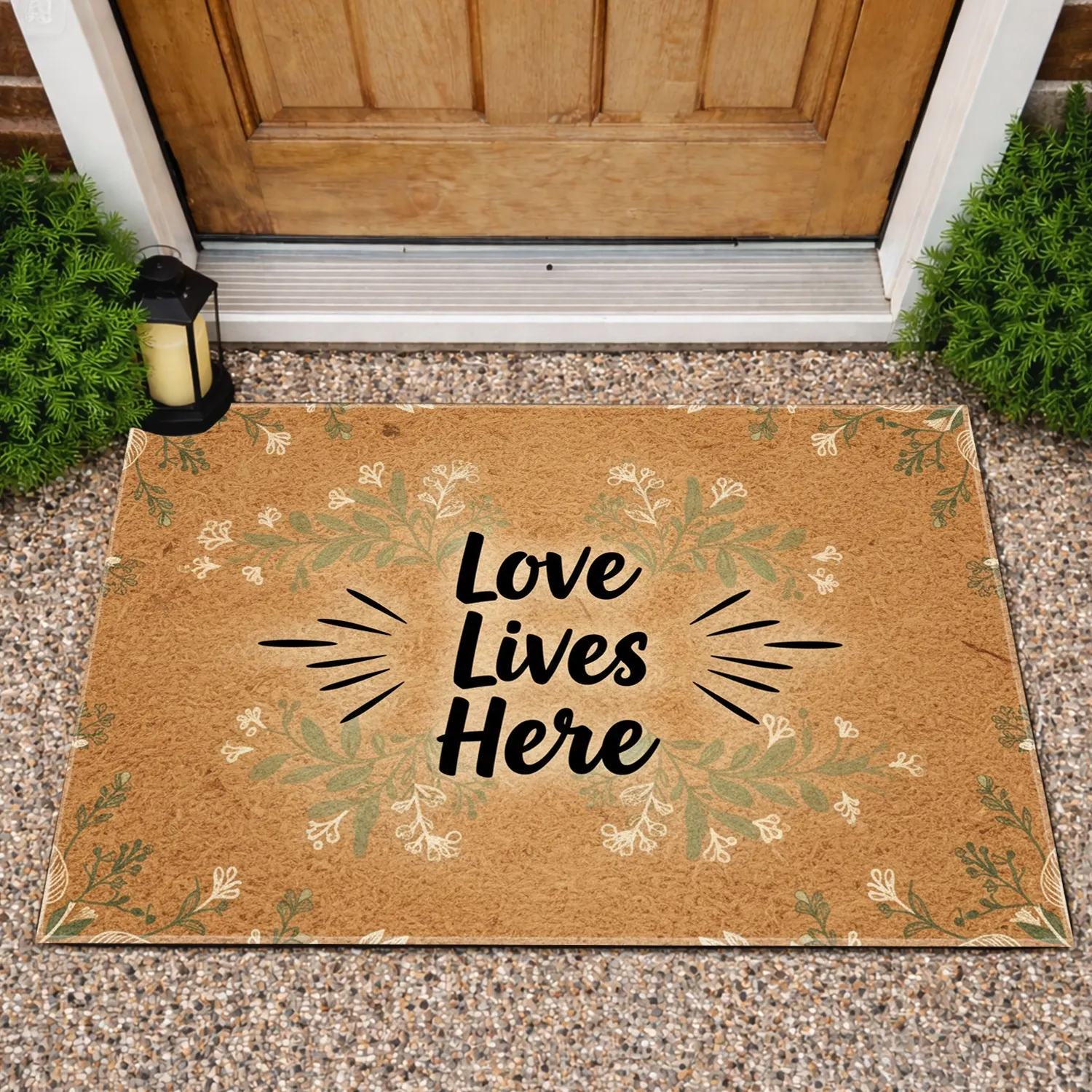 Love Lives Here Script, Intertwined Leaves Sprigs - Welcoming Home Decor Doormat - 1