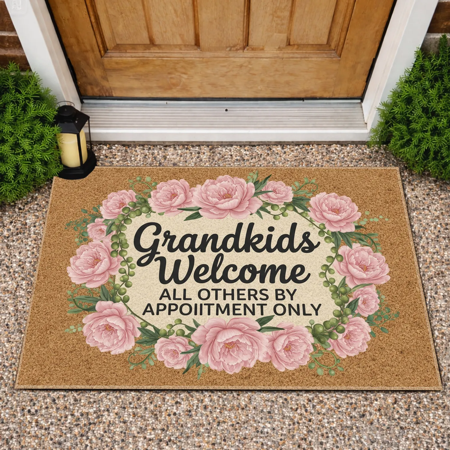 Grandkids Welcome Peony Blooms String-of-Pearls - Grandparent Home Decor Gift Doormat - 1