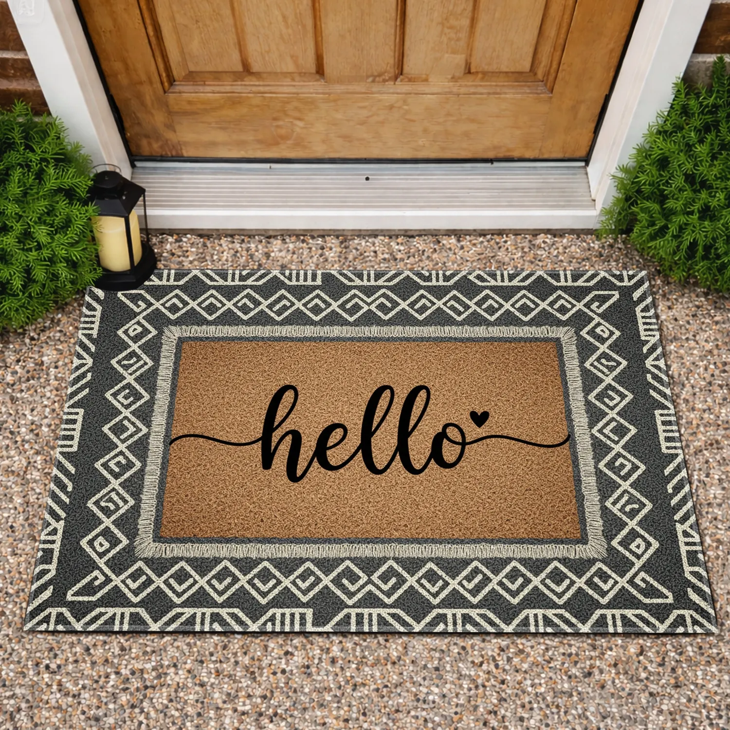 Script Hello Heart Geometric Border Sisal Mat Home Decor Gift Doormat - 1