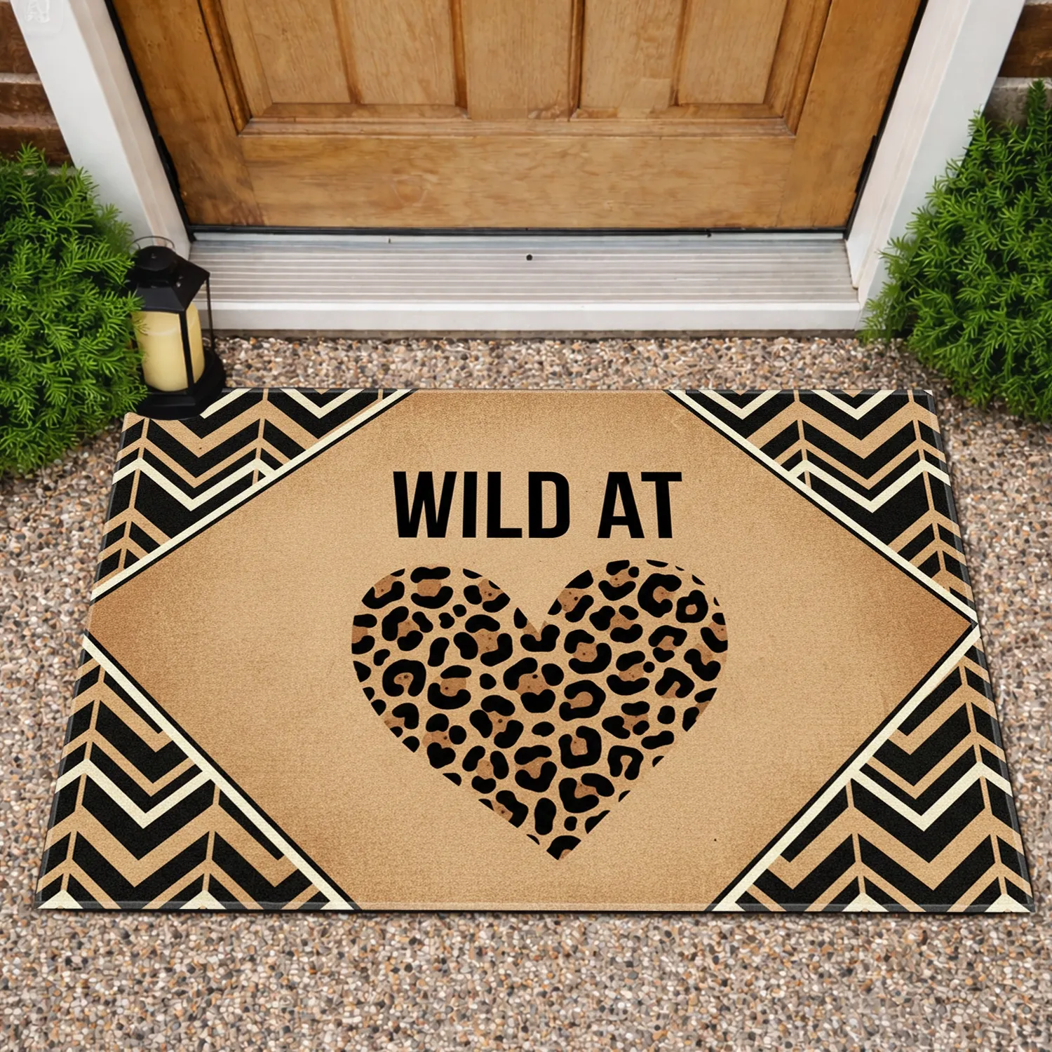 WILD AT Black Leopard Heart Chevron - Wildlife Lover Home Decor Gift for Wild Soul Doormat - 1