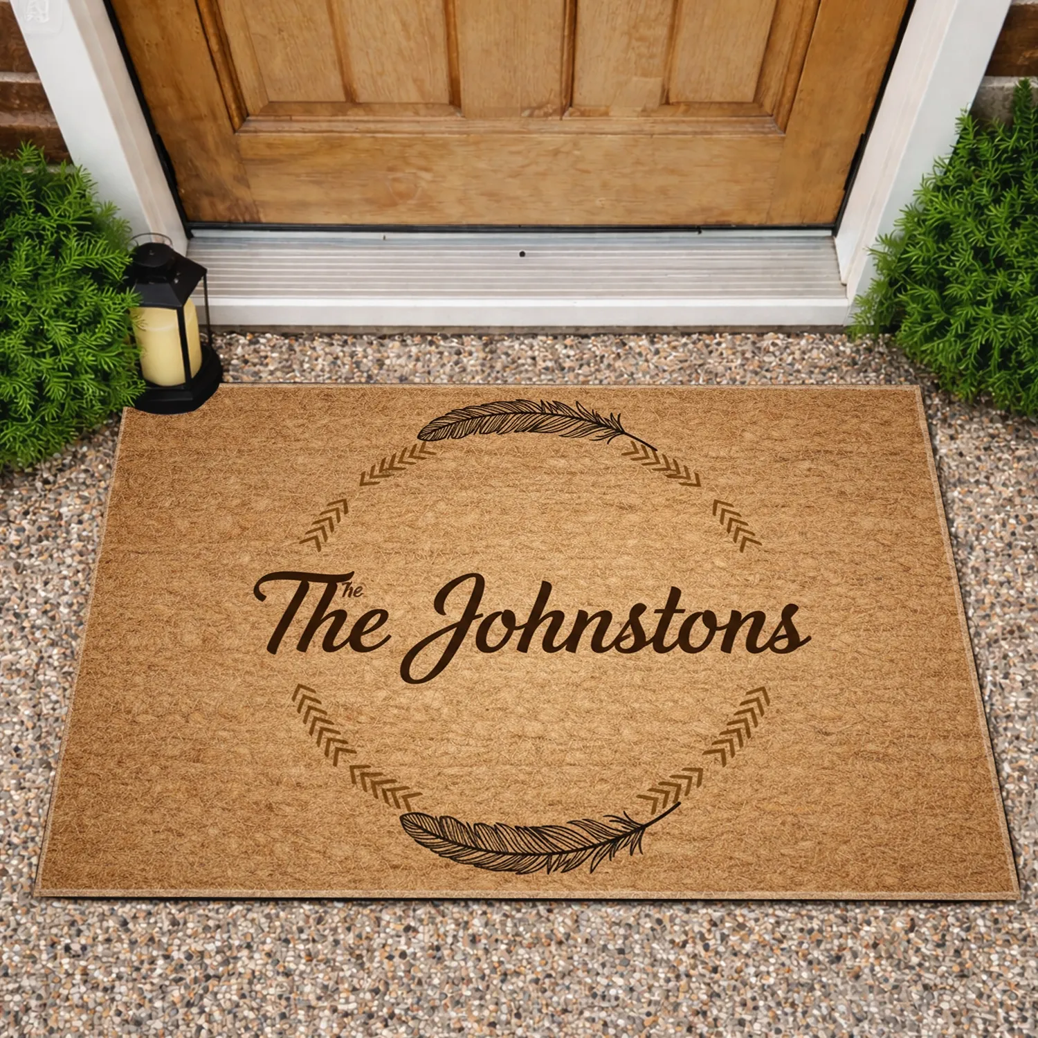 Custom Family Name Calligraphic Script Feather Wreath Organic Jute - Home Decor Gift Doormat - 1