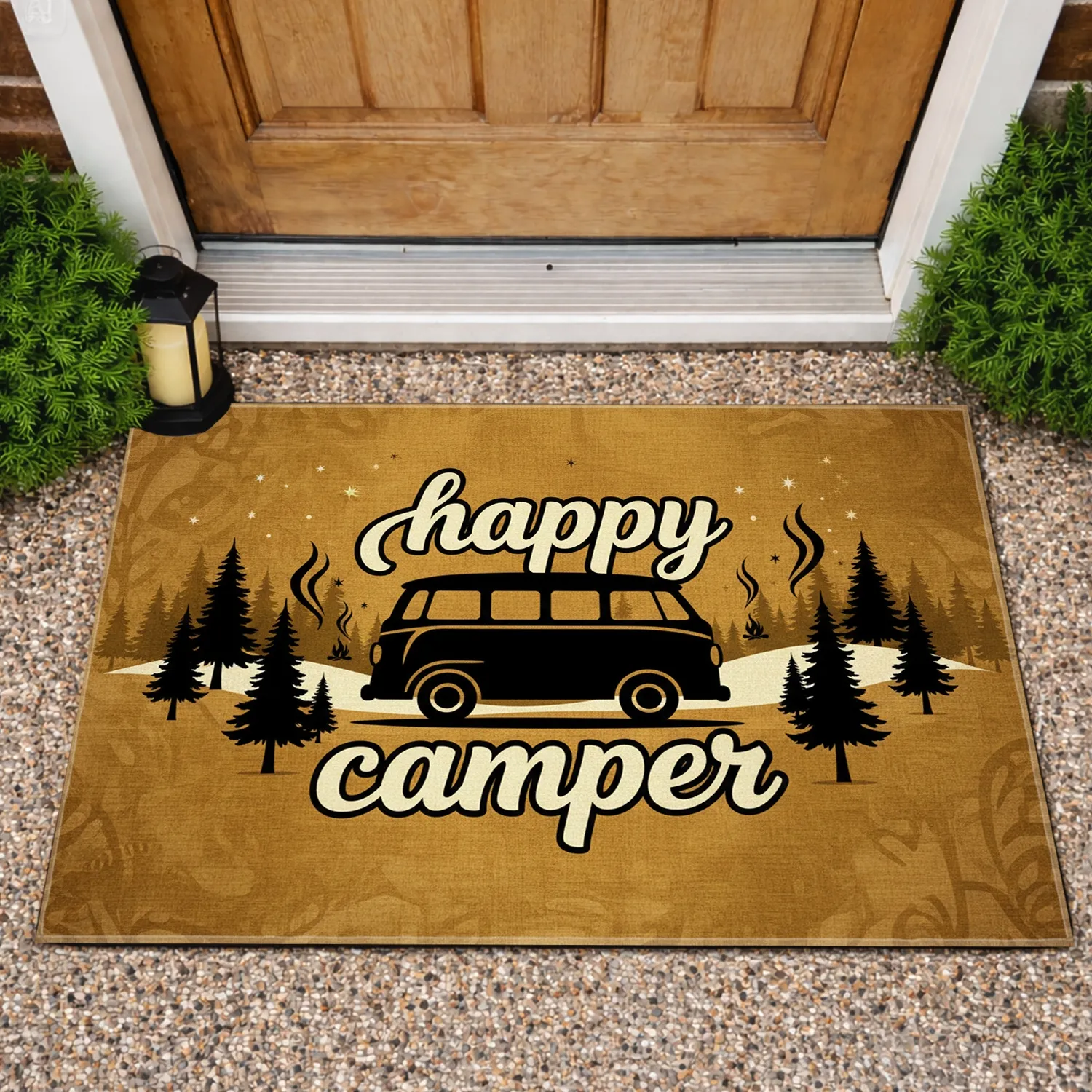 Happy Camper Van Pine Trees Stars Camping Lifestyle Gift for Camper Lover Doormat - 1