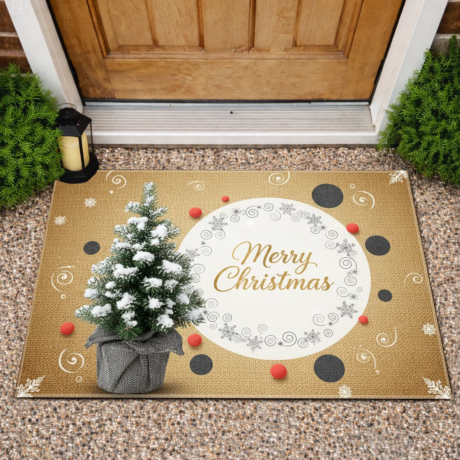 Merry Christmas Snowflakes Wreath Pine Tree - Holiday Home Decor Doormat - 1