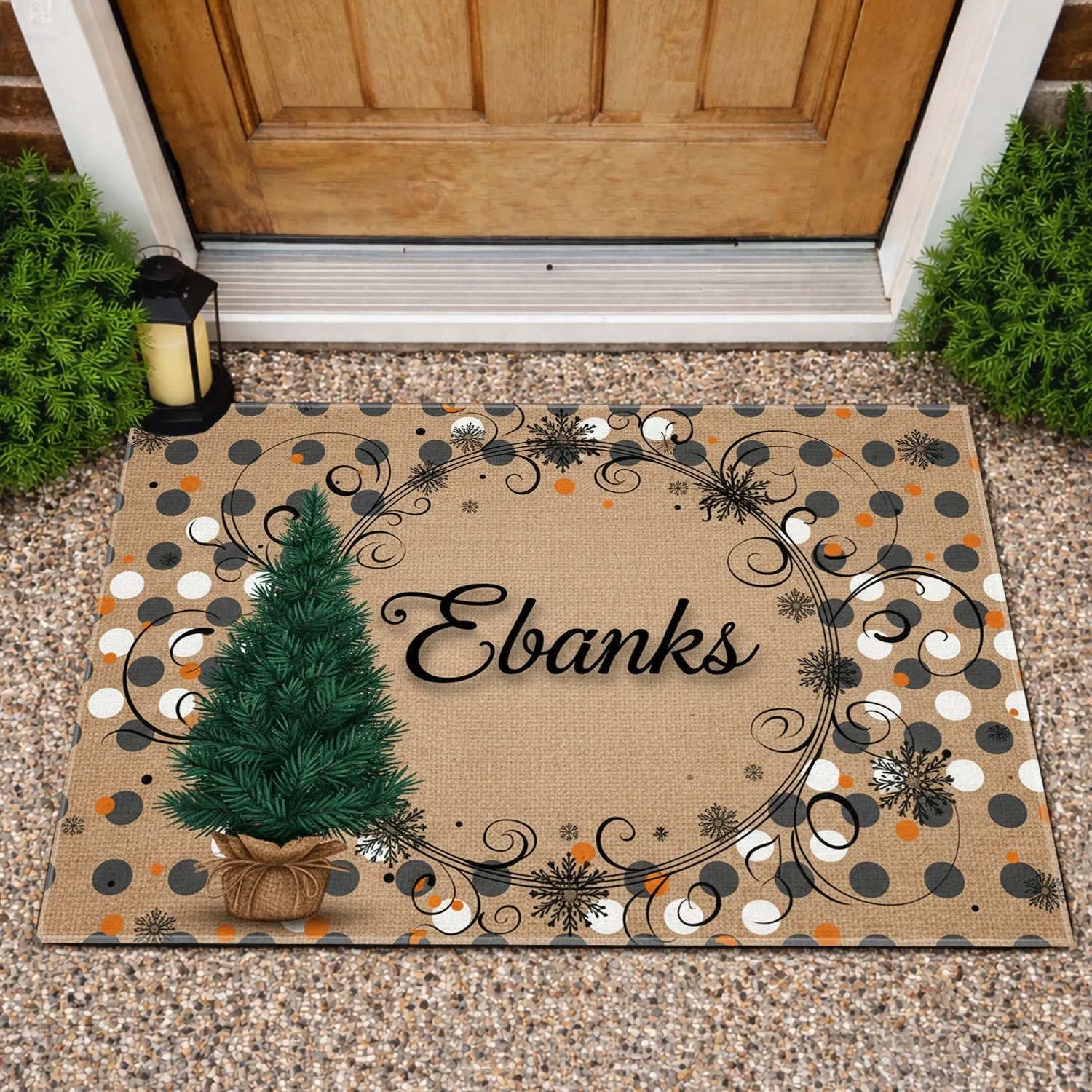 Ebanks Script Snowflake Wreath Pine Tree Polka Dots - Home Decor Gift Doormat - 1