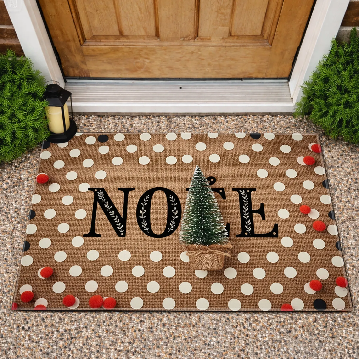 NOEL Frosted Christmas Tree Polka Dots - Festive Rustic Holiday Decor Doormat - 1