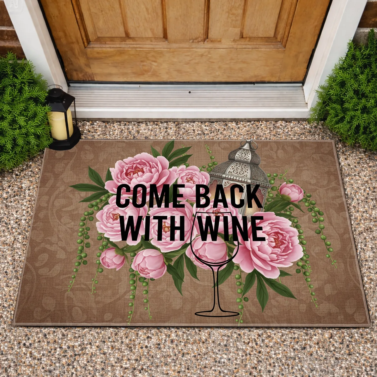 Come Back With Wine Glass Peonies Succulents Lantern Home Decor Gift for Wine Lover Doormat - 1