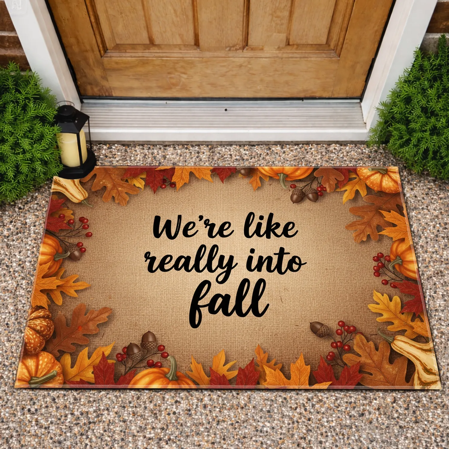 "We're Really Into Fall" Script Text with Autumn Foliage - Fall Home Decor Gift Doormat - 1
