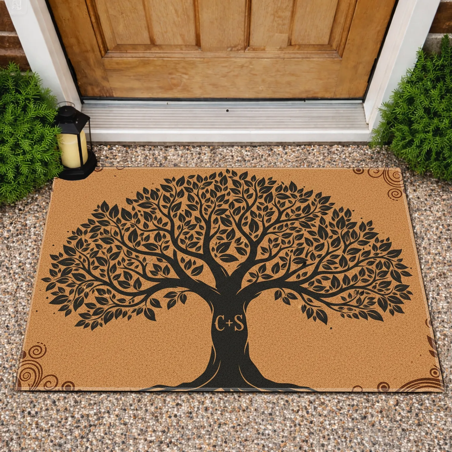 Black Silhouette Tree Carved Custom Name Initials - Earthy Home Decor Gift Doormat - 1
