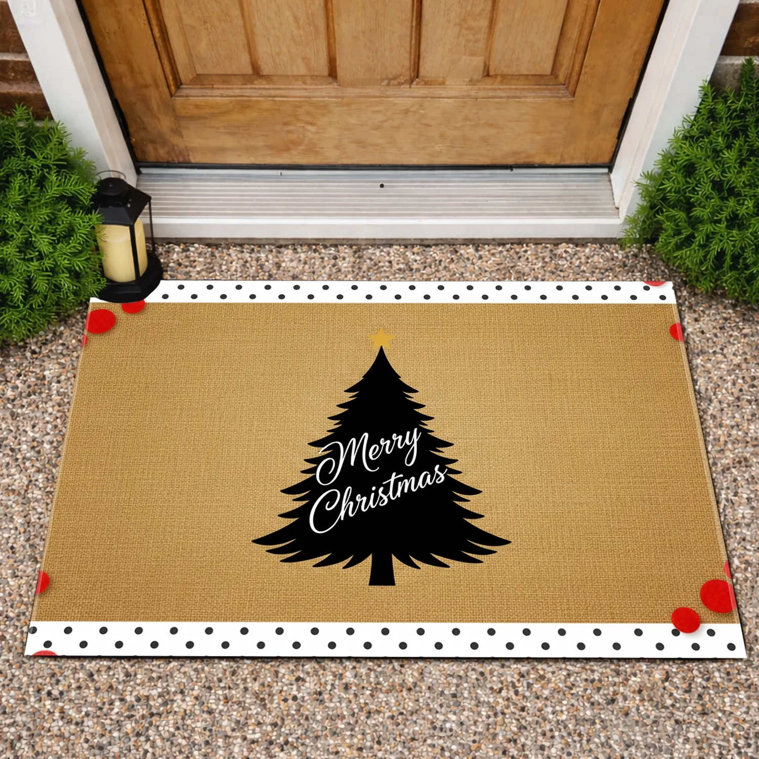 Black Christmas Tree Merry Christmas Polka Dot Border - Holiday Decor Doormat - 1