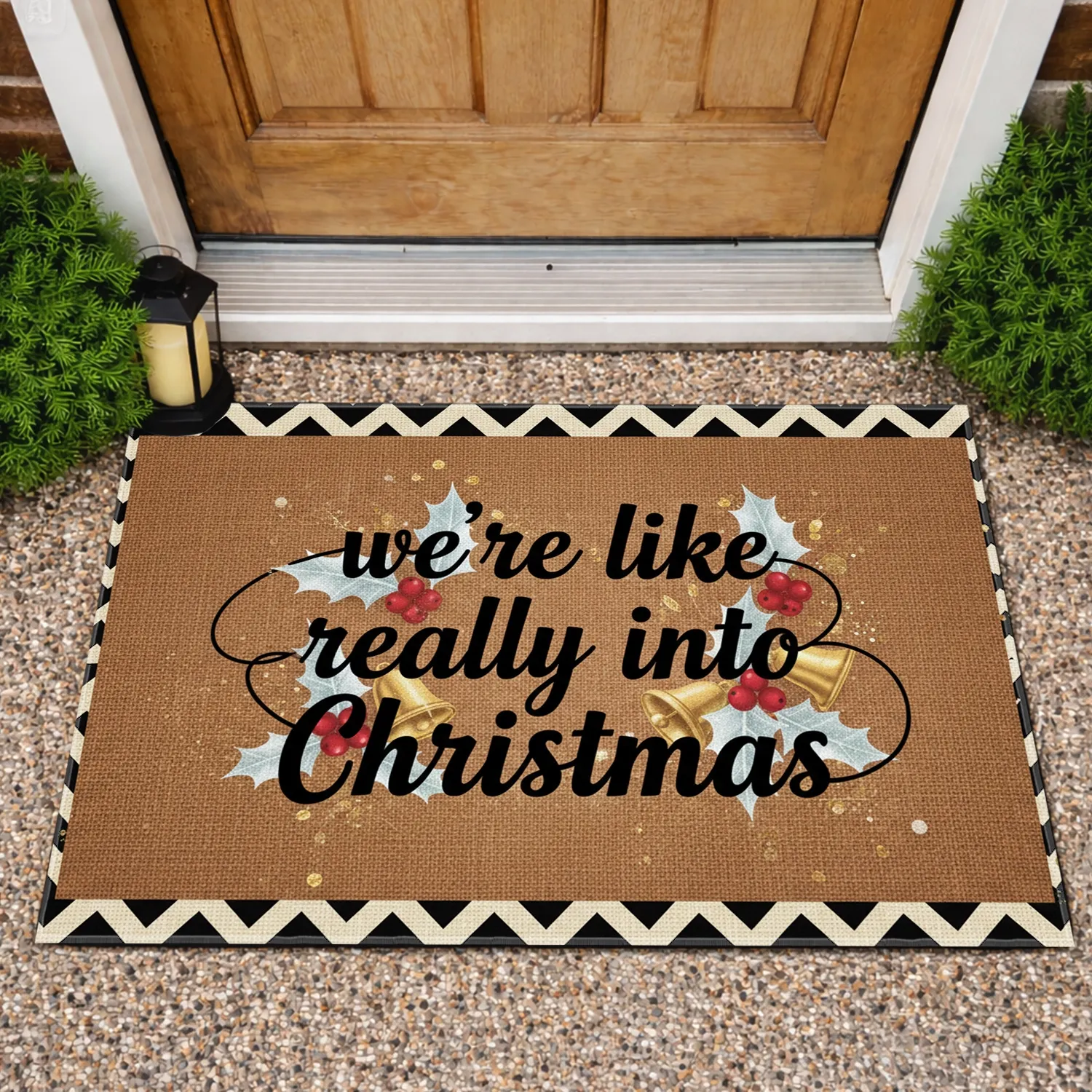 Christmas Text Holly Berries Bells - Christmas Holiday Home Decor Gift Doormat - 1