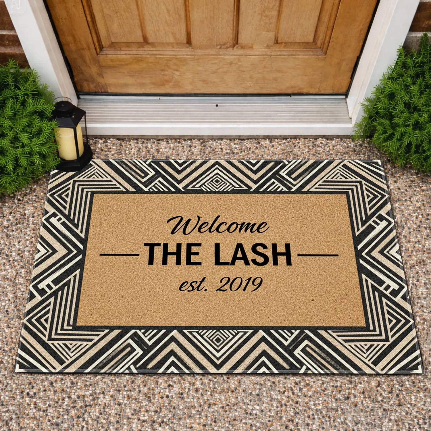 Welcome Family Black Off-White Tan Greek Key Labyrinth Custom Name - New Home Welcome Gift Doormat - 1