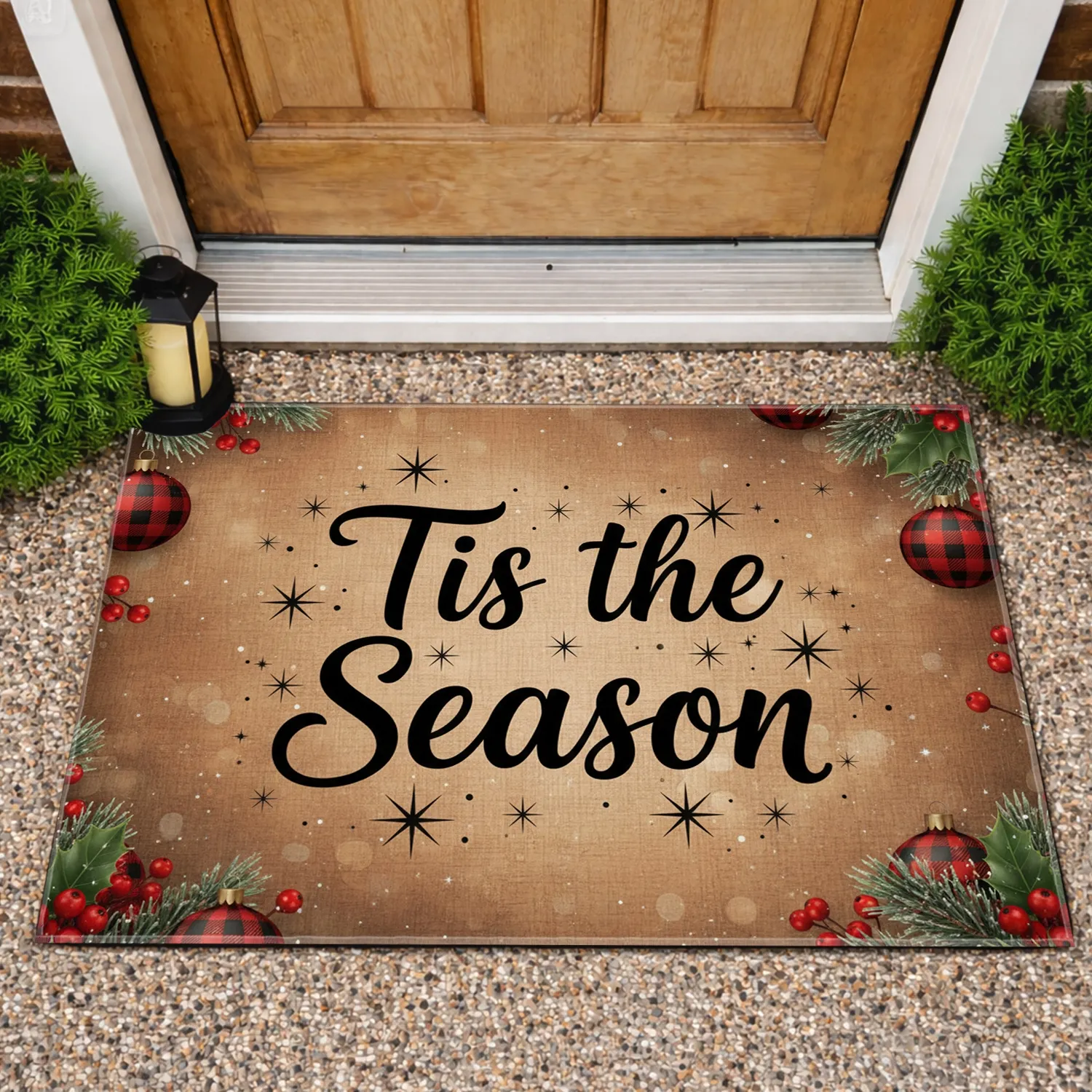 Tis the Season" Pine Holly Plaid Christmas - Holiday Home Decor Doormat - 1
