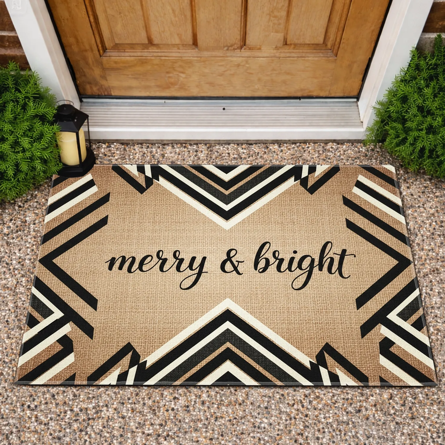 Merry & Bright Script Chevron Zigzag Fibrous Texture Christmas Holiday Home Decor Doormat - 1