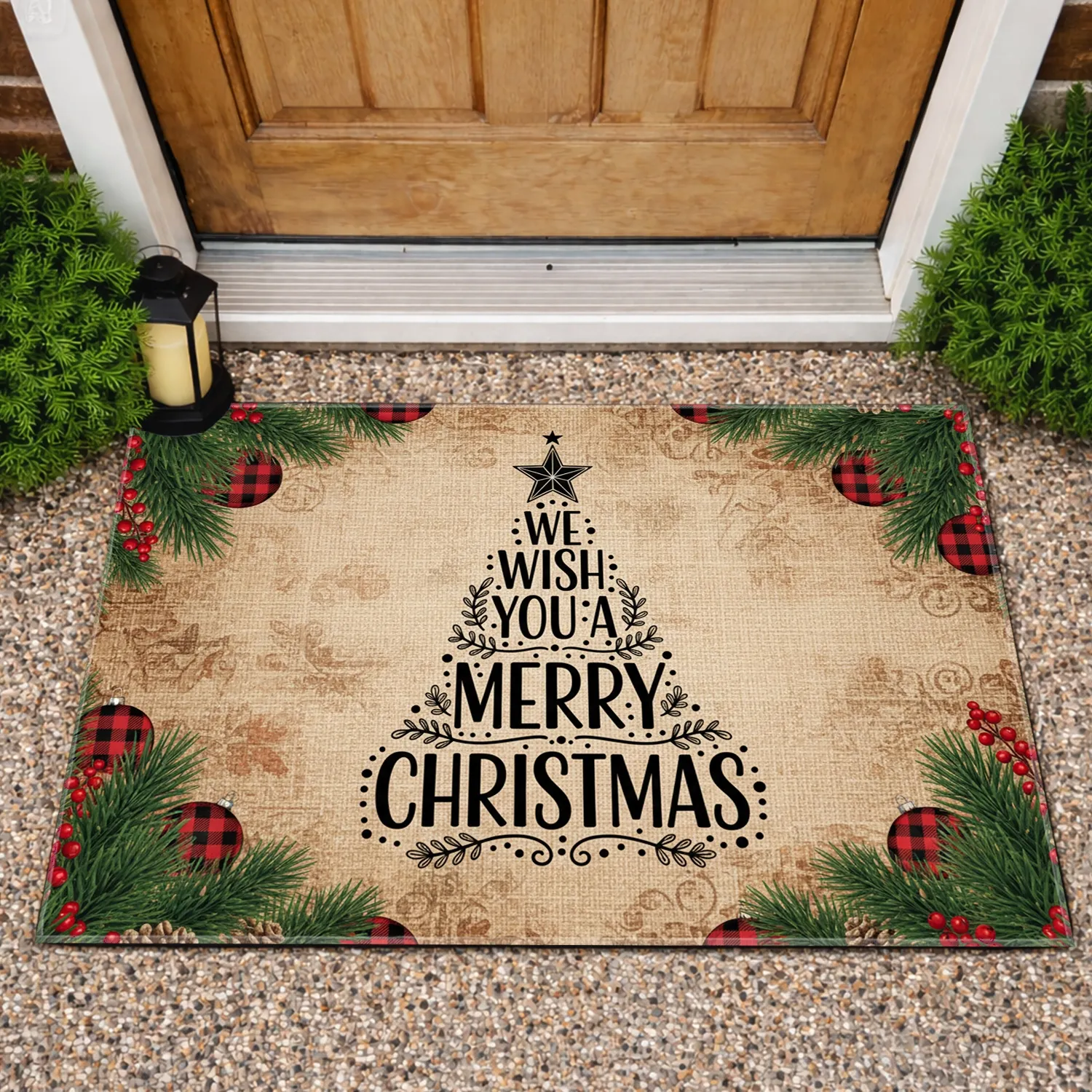 We Wish You A Merry Christmas Tree Silhouette Pinecone Berries - Holiday Gift Doormat - 1