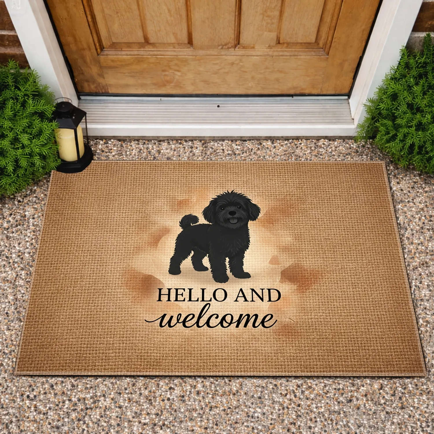 Fluffy Dog Silhouette 'Hello Welcome' Text - Home Decor Gift for Dog Lover Doormat - 1