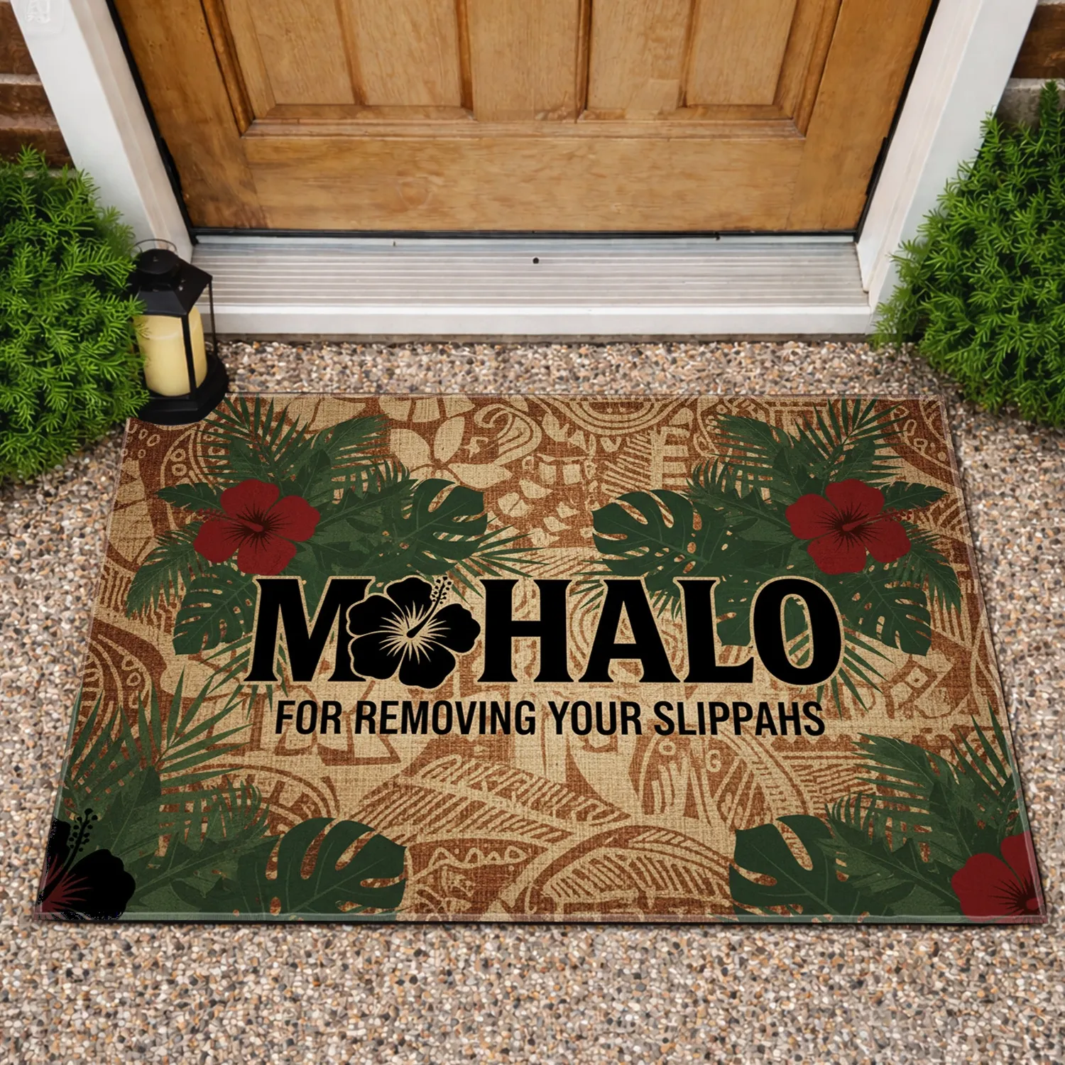 Mahalo Remove Slippahs Hibiscus Tropical Foliage - Hawaiian Home Decor Gift Doormat - 1