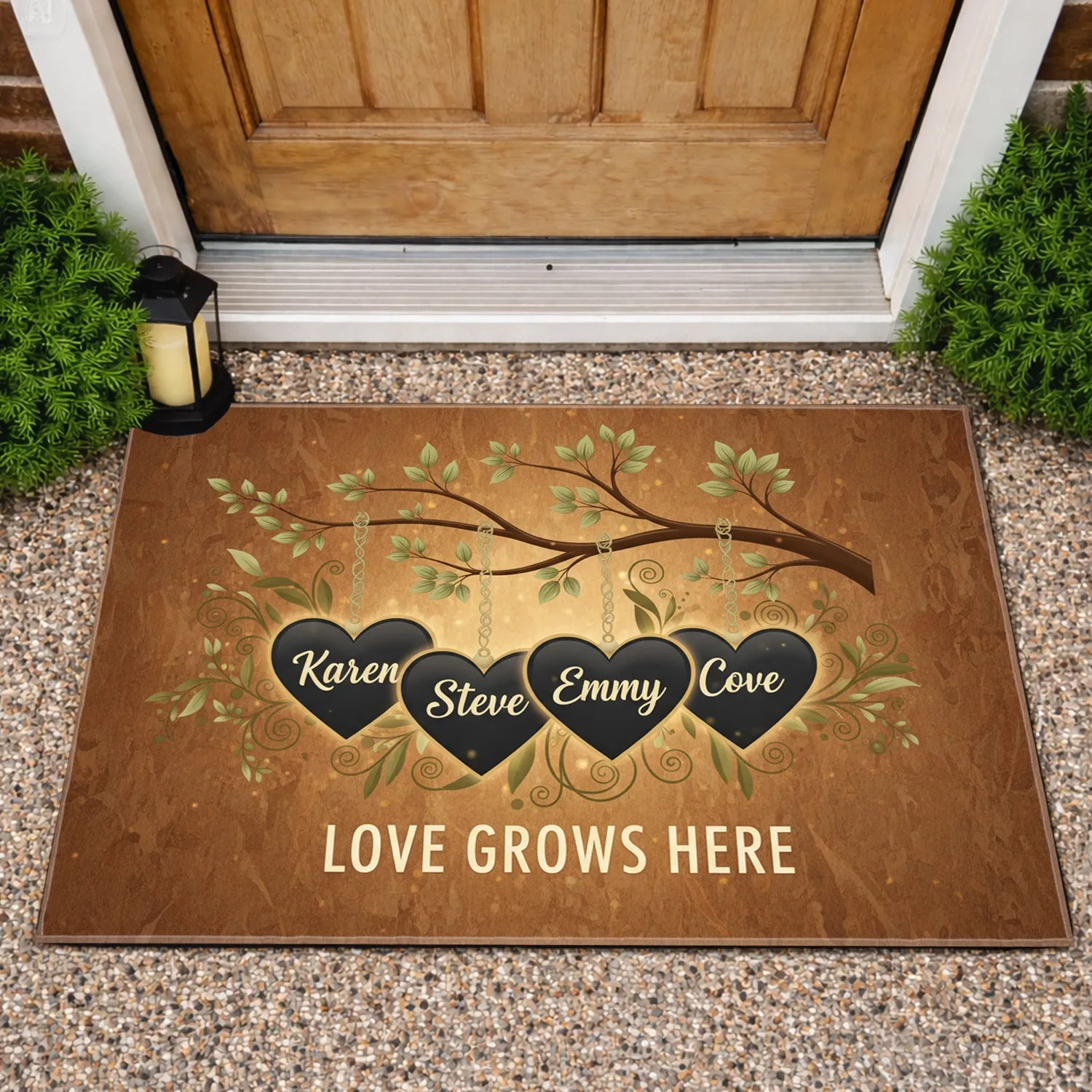 Tree Branch Heart Ornaments 'Love Grows Here' - Personalized Family Celebration Gift Doormat - 1
