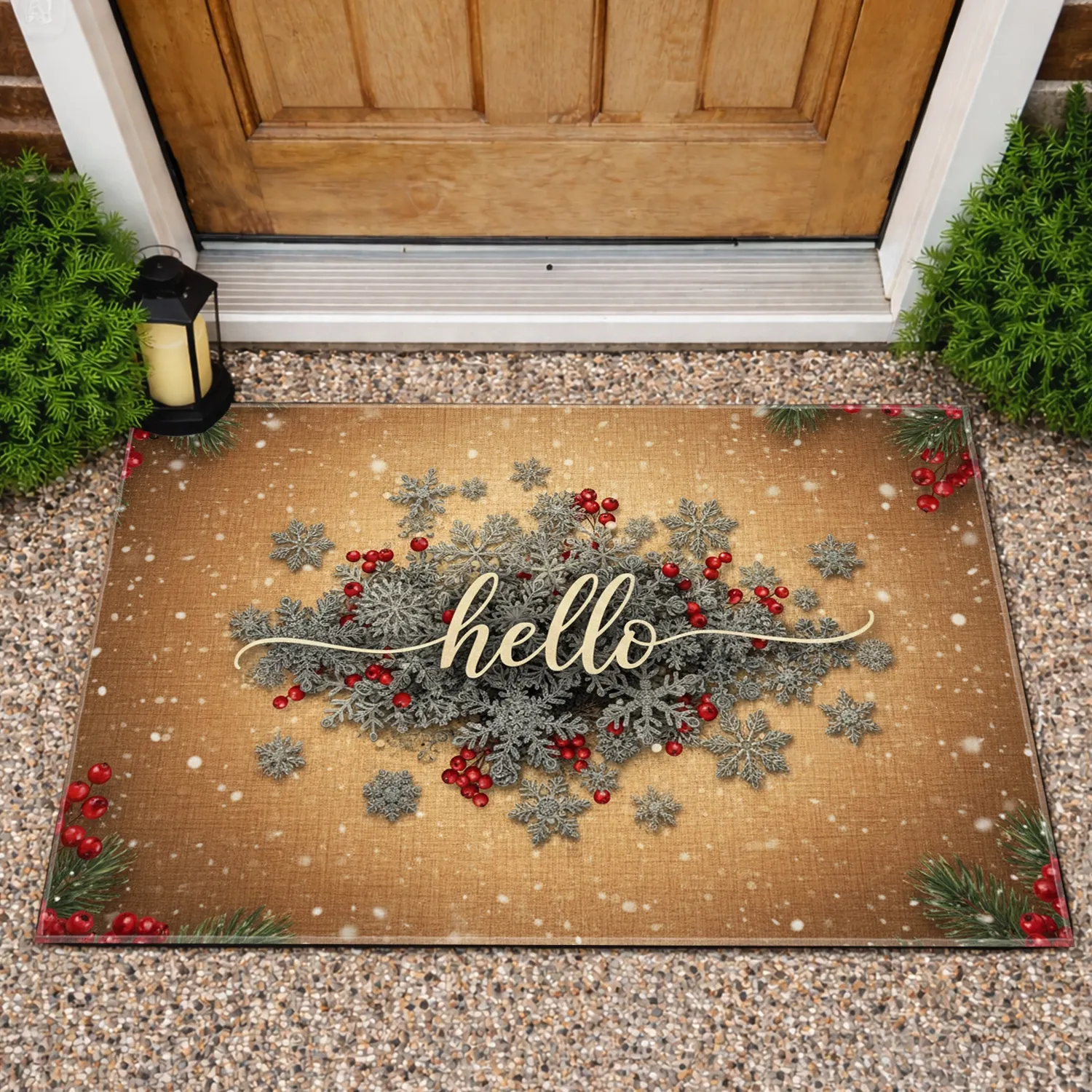 Hello Script Snowflakes Pine Branches Red Berries Plaid - Winter Holiday Home Decor Doormat - 1