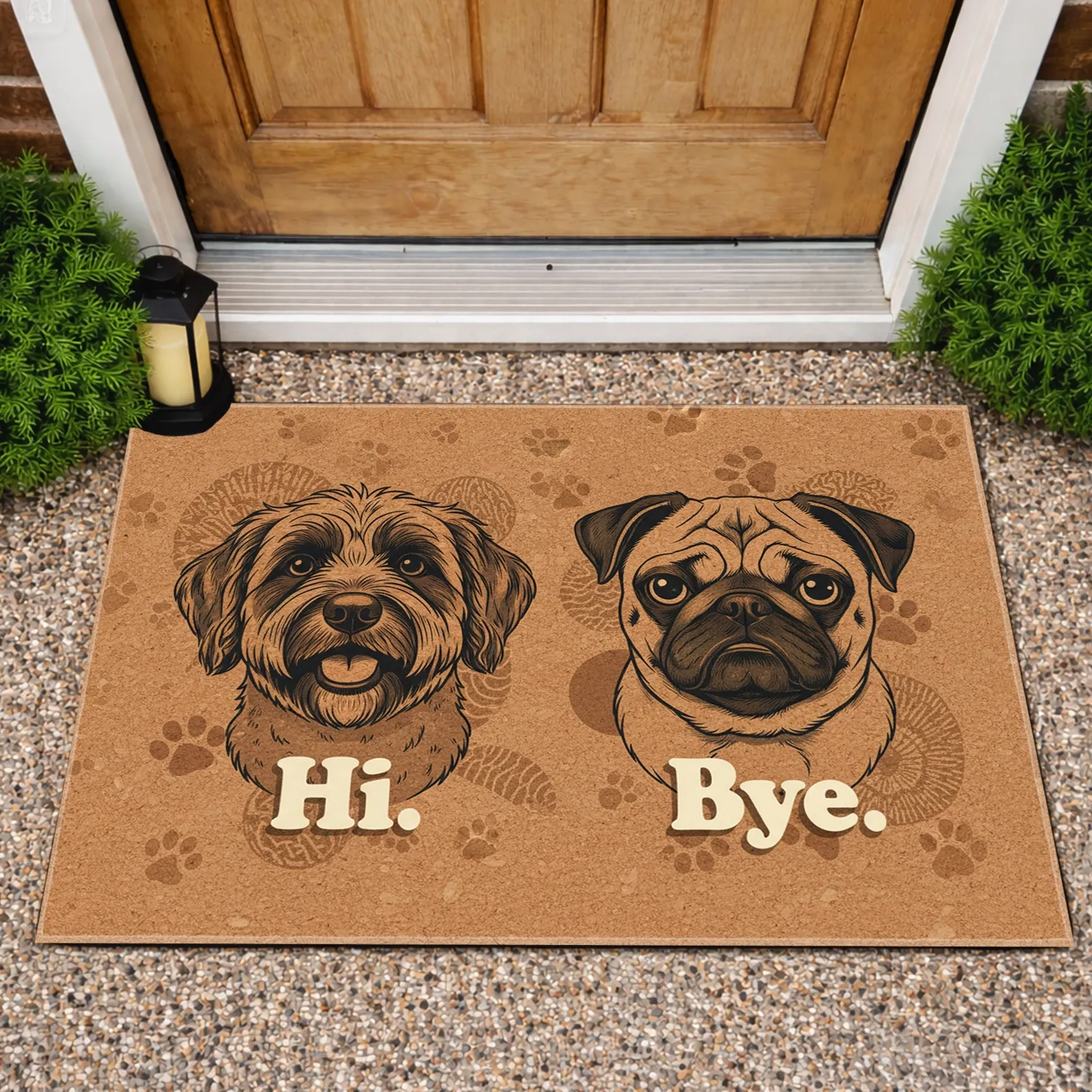 Friendly Labradoodle Grumpy Pug Dogs Hi Bye - Home Decor Gift for Dog Lovers Doormat - 1