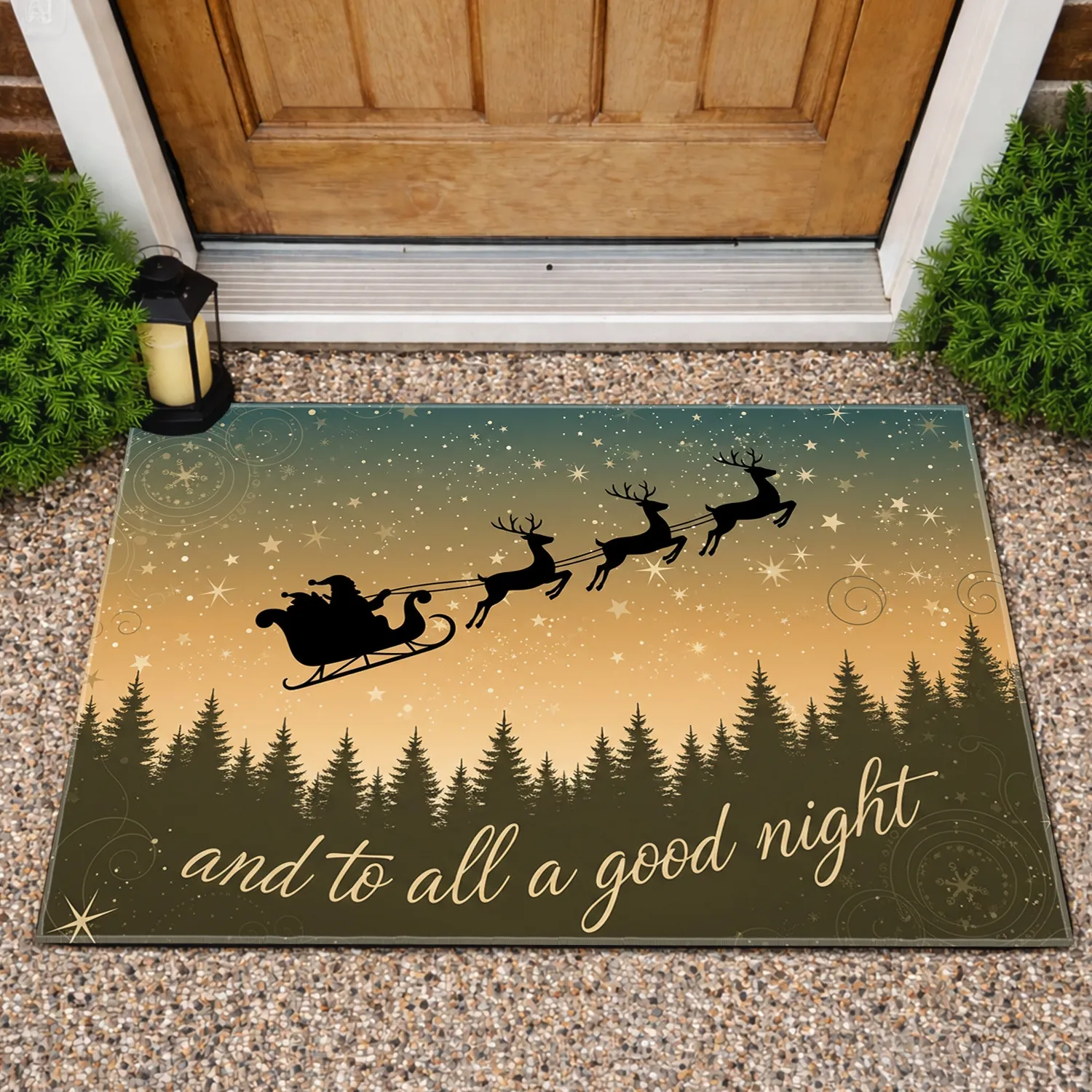 Santa Sleigh Reindeer Flying Pine Forest Night Sky - 'And To All A Good Night' Christmas Doormat - 1
