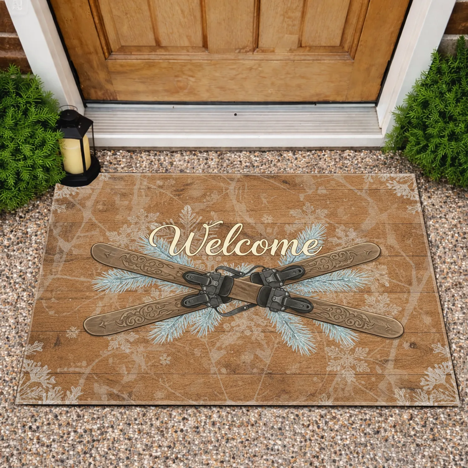 Welcome Script Winter Skis - Ski Lodge Decor Gift Doormat - 1