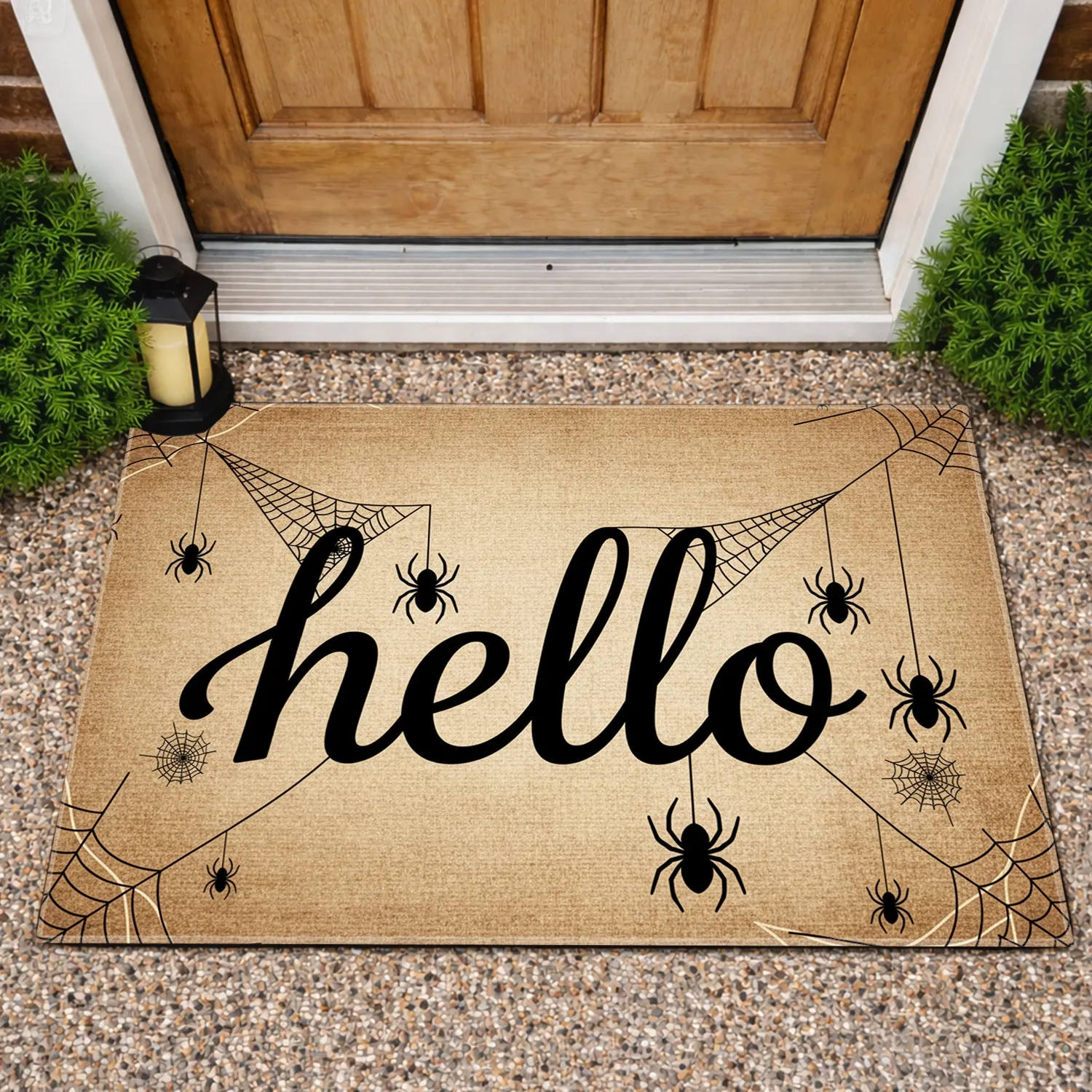 Bold hello Script Black Spiders Hanging Webs - Elegant Rustic Welcome Home Garden Decor Doormat - 1