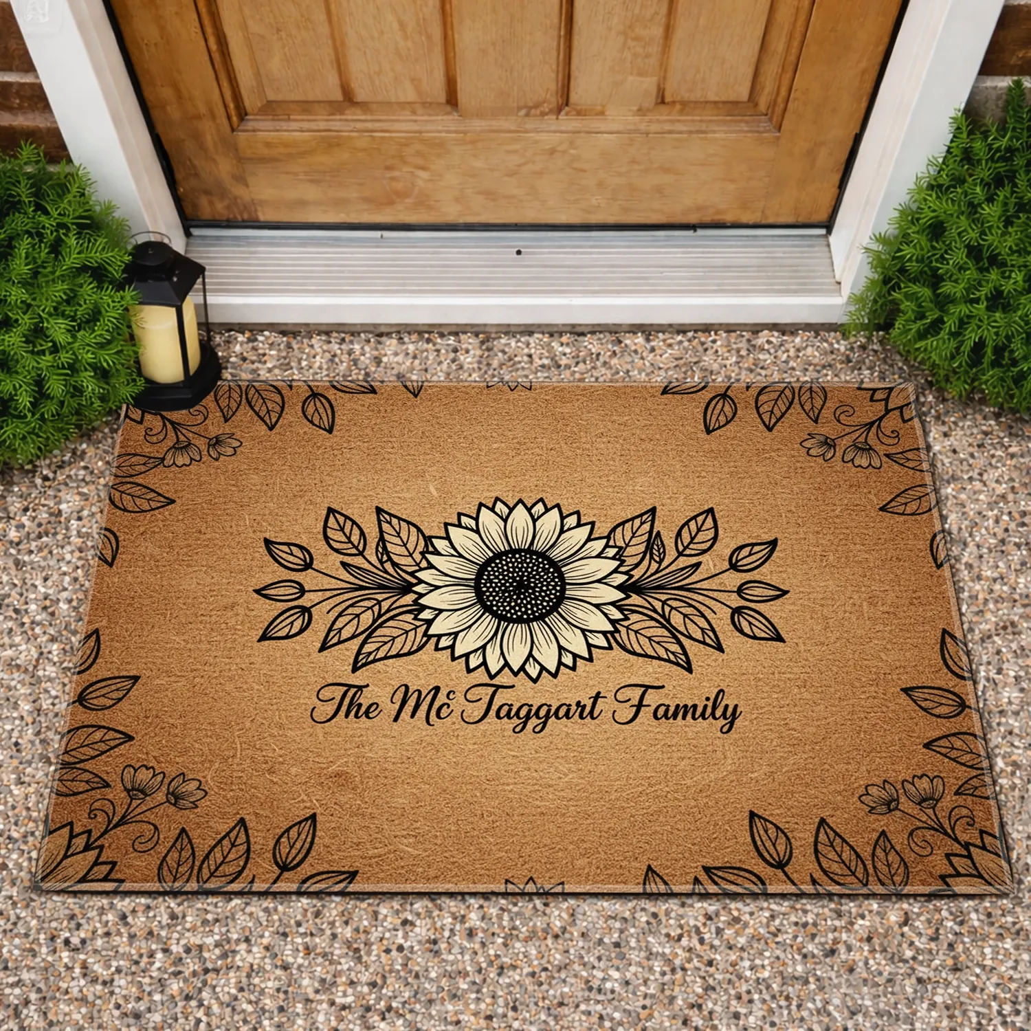 Custom Family Name Sunflower Leaf Botanical - Organic Home Decor Gift Doormat - 1