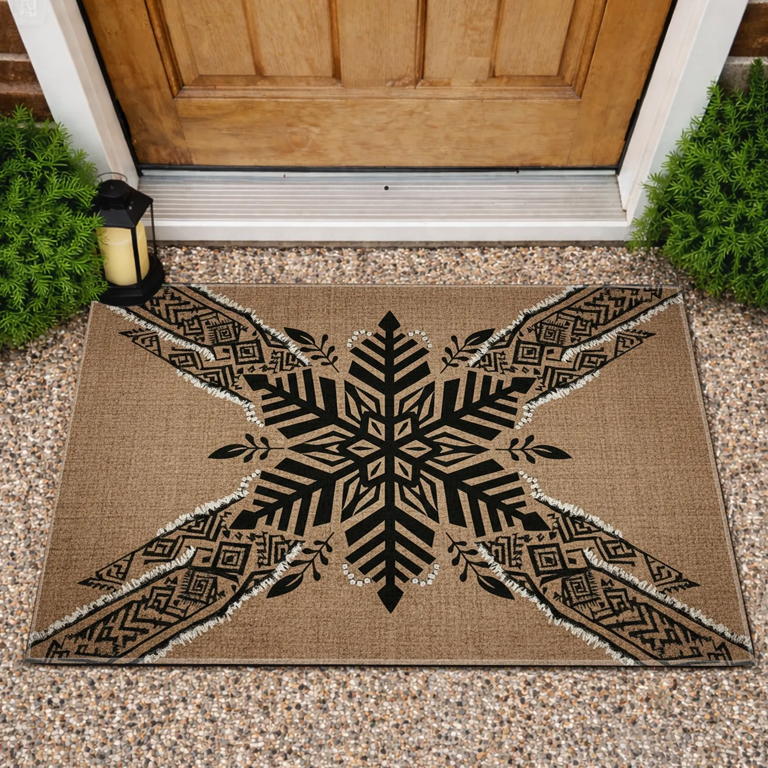 Ornate Black Snowflake Leaf Accents Tribal Geometric Shapes - Home Decor Gift Doormat - 1