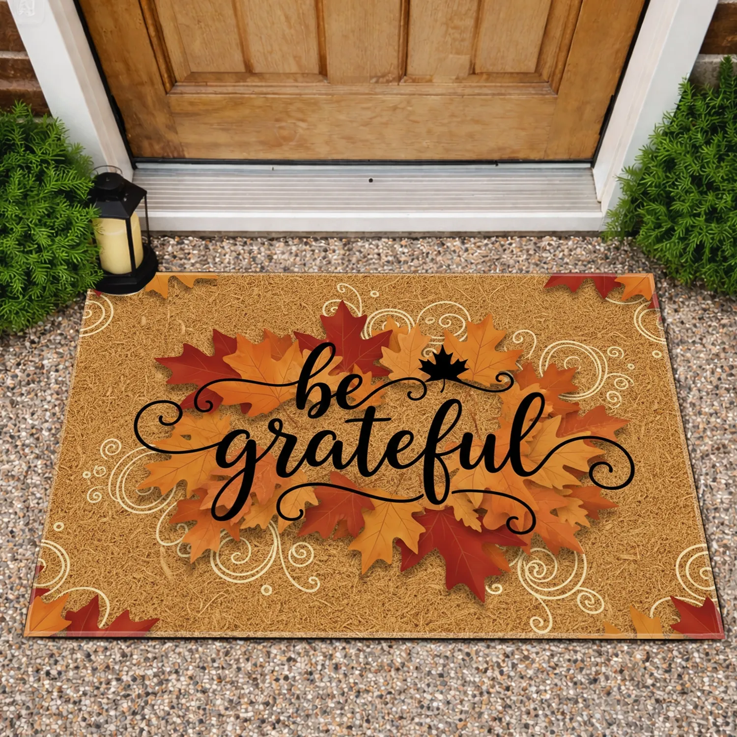 Be Grateful Script Maple Leaf Autumn - Appreciation Home Decor Doormat - 1