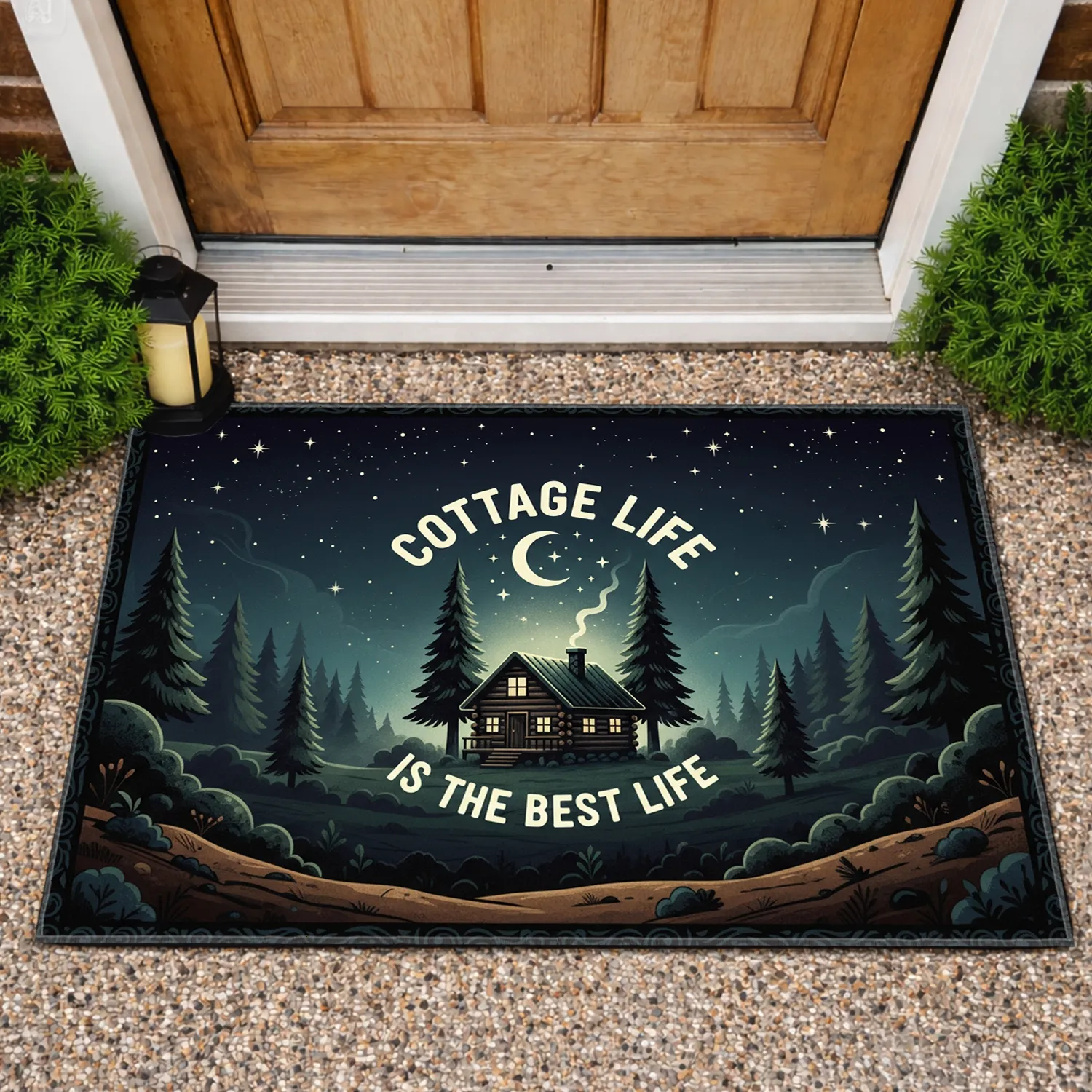 Cottage Life Log Cabin Pine Trees Moon Stars - Rustic Woodland Home Decor Gift Doormat - 1