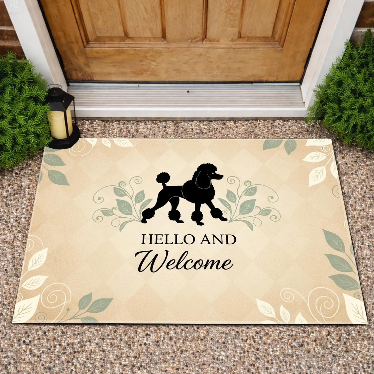 Black Poodle 'Hello And Welcome' Text Botanical Foliage - Home Decor Gift Doormat - 1