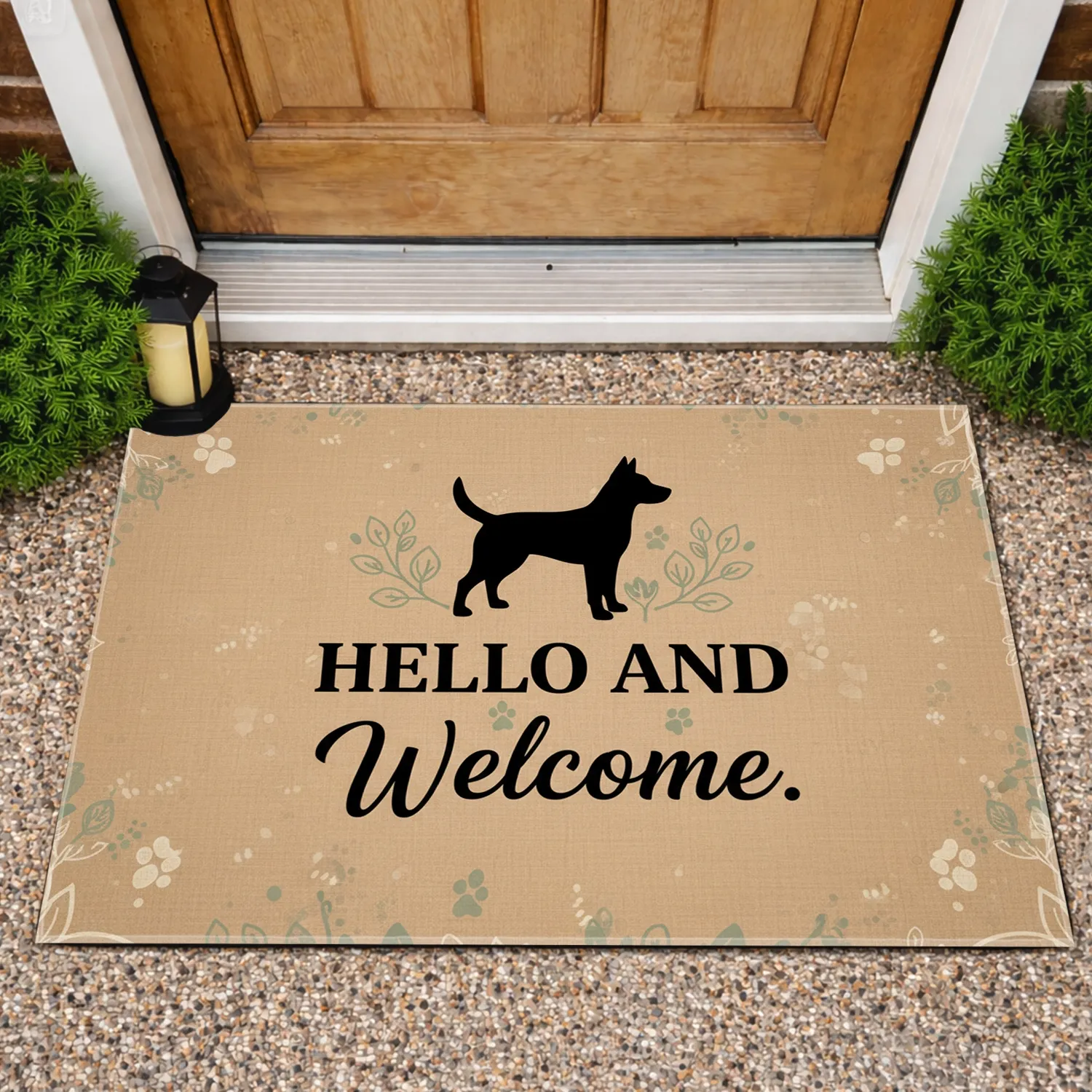 Standing Dog Silhouette Hello Welcome Botanical Paw Prints - Home Decor Gift Doormat - 1
