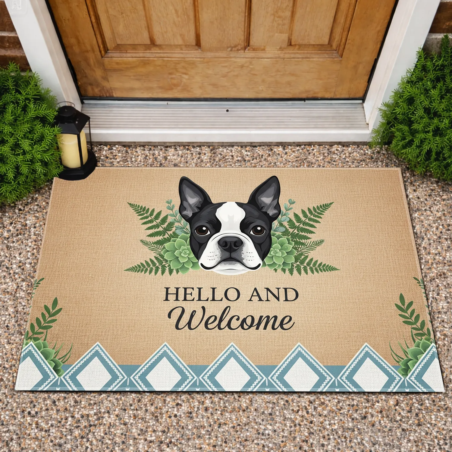 Hello Welcome Boston Terrier Botanical Diamond - Home Decor Dog Lover Gift Doormat - 1