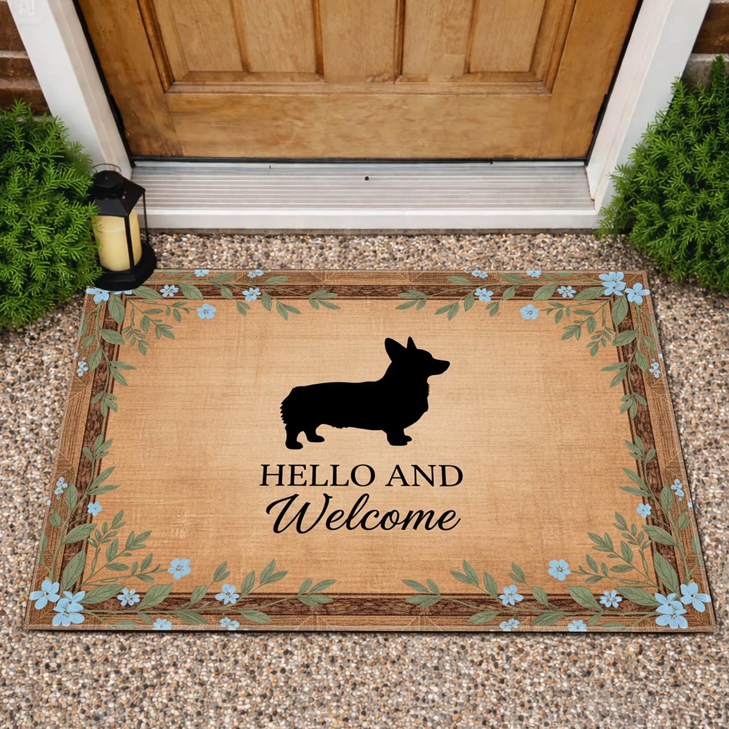 Corgi Silhouette Hello Welcome Text Leafy Branches Floral – Welcome Home Decor Gift Doormat - 1