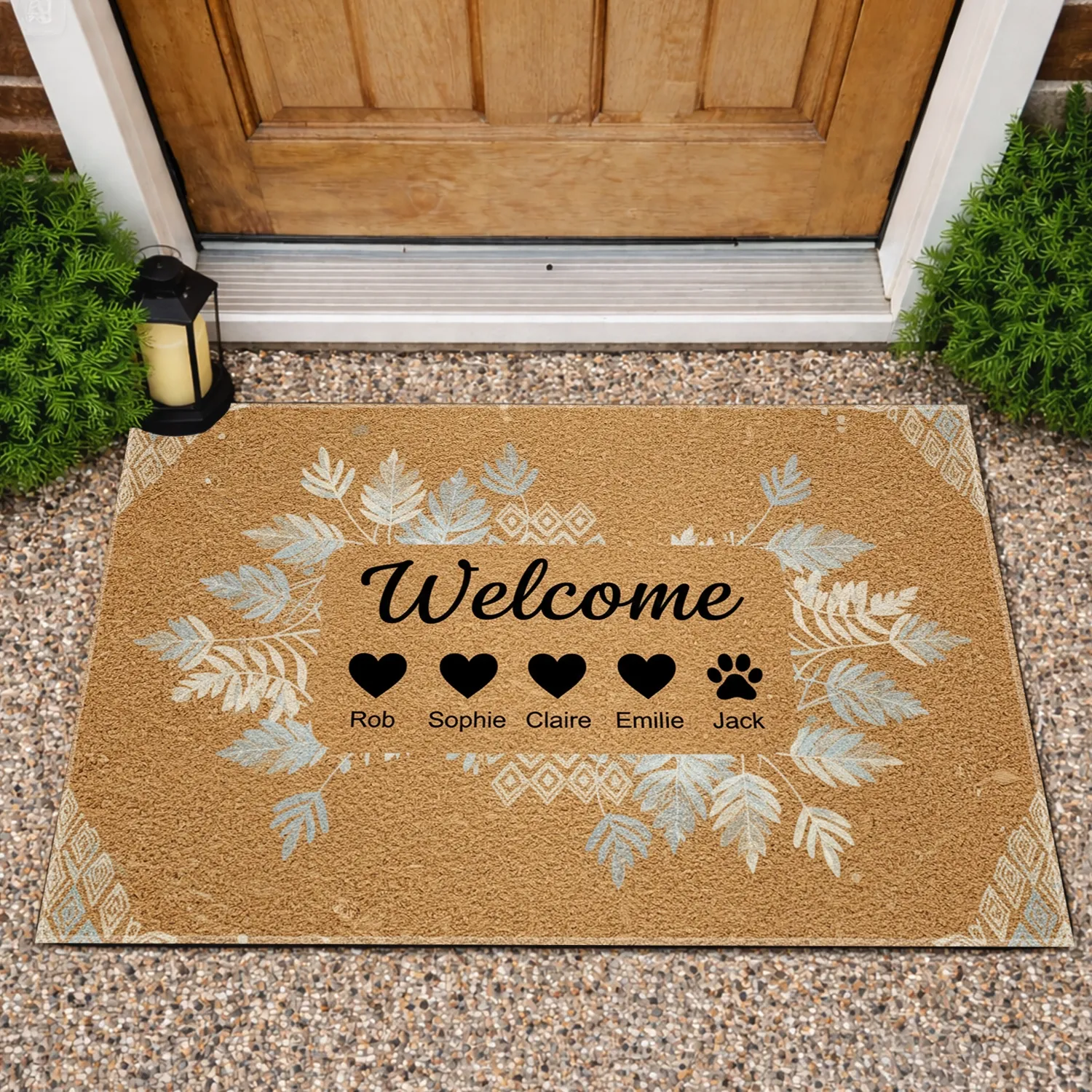 Welcome Script Hearts Paw Print Names Custom - Home Decor Gift for Family Doormat - 1
