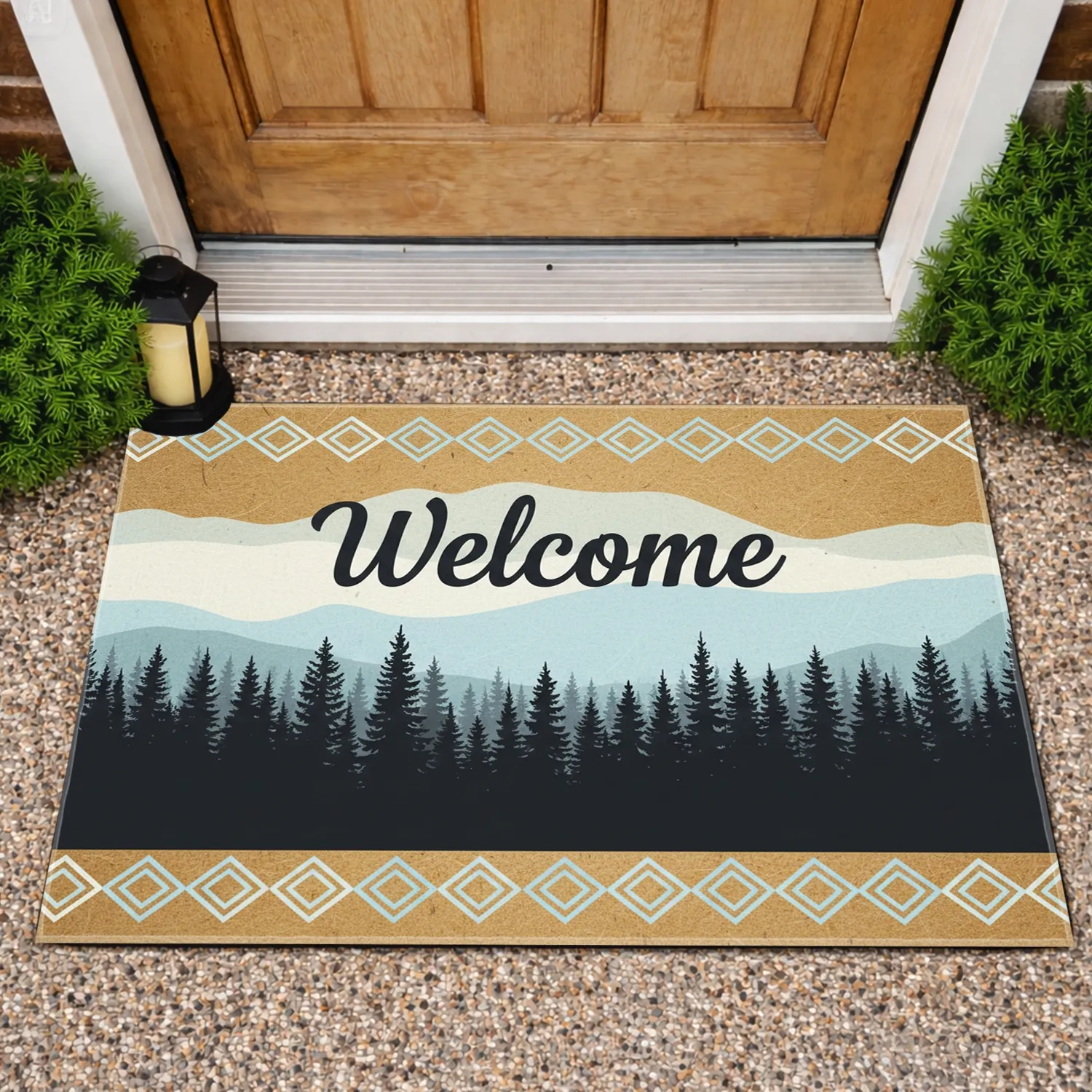 Welcome Script Pine Fir Forest Tree Line Diamond Border - Housewarming Decor Doormat - 1