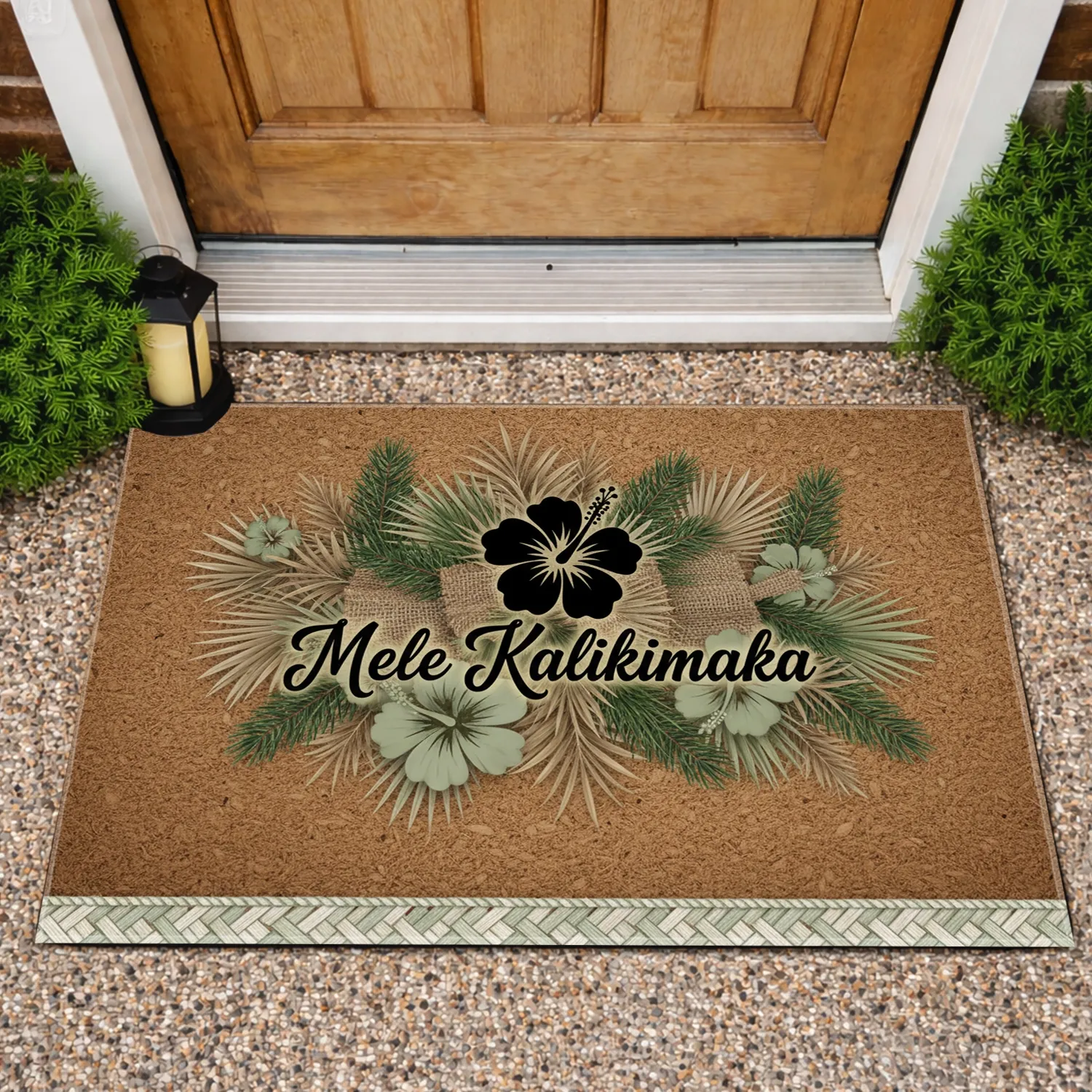 Mele Kalikimaka Black Hibiscus Pine Tropical - Christmas Home Decor Gift Doormat - 1