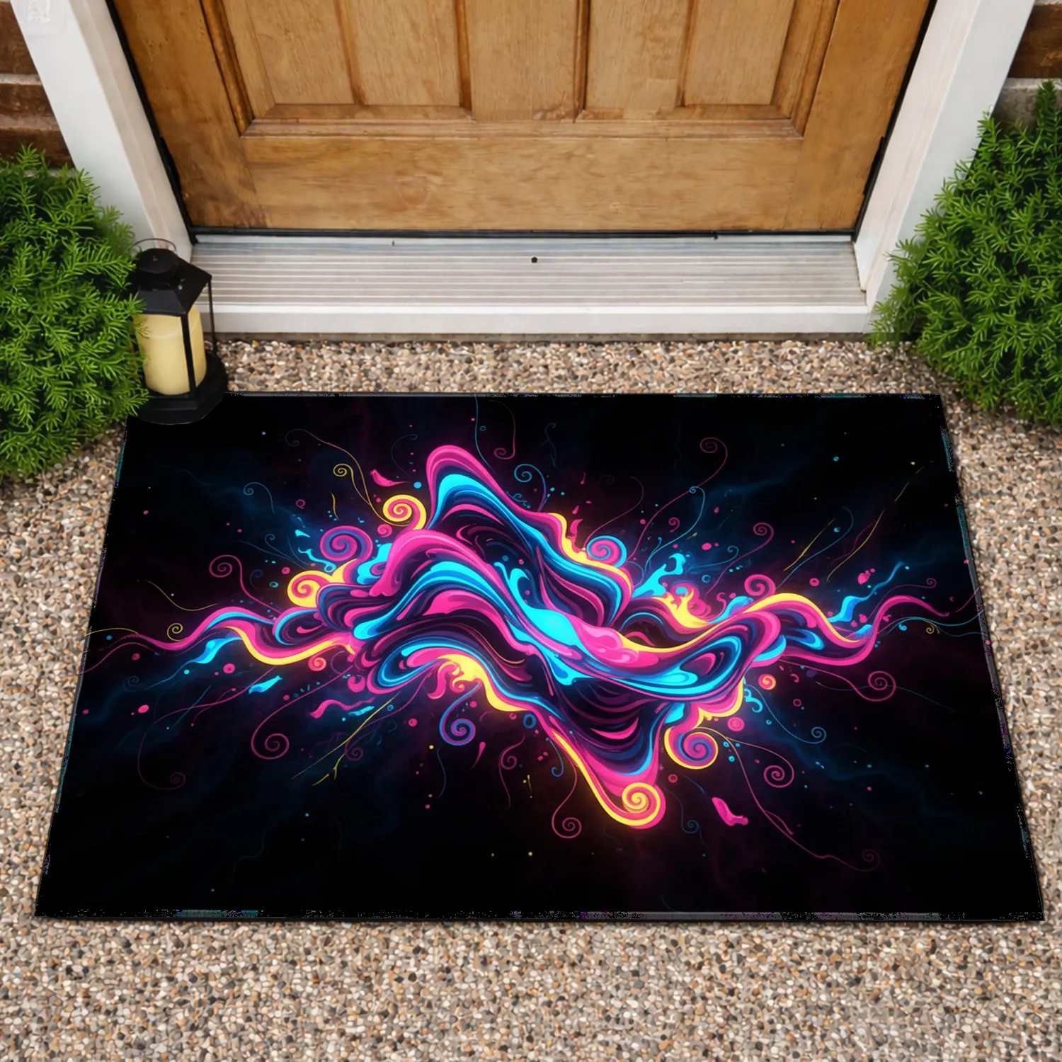 Neon Iridescent Swirling Liquid Light Patterns on Dark Background - Outdoor Garden Display Doormat - 1