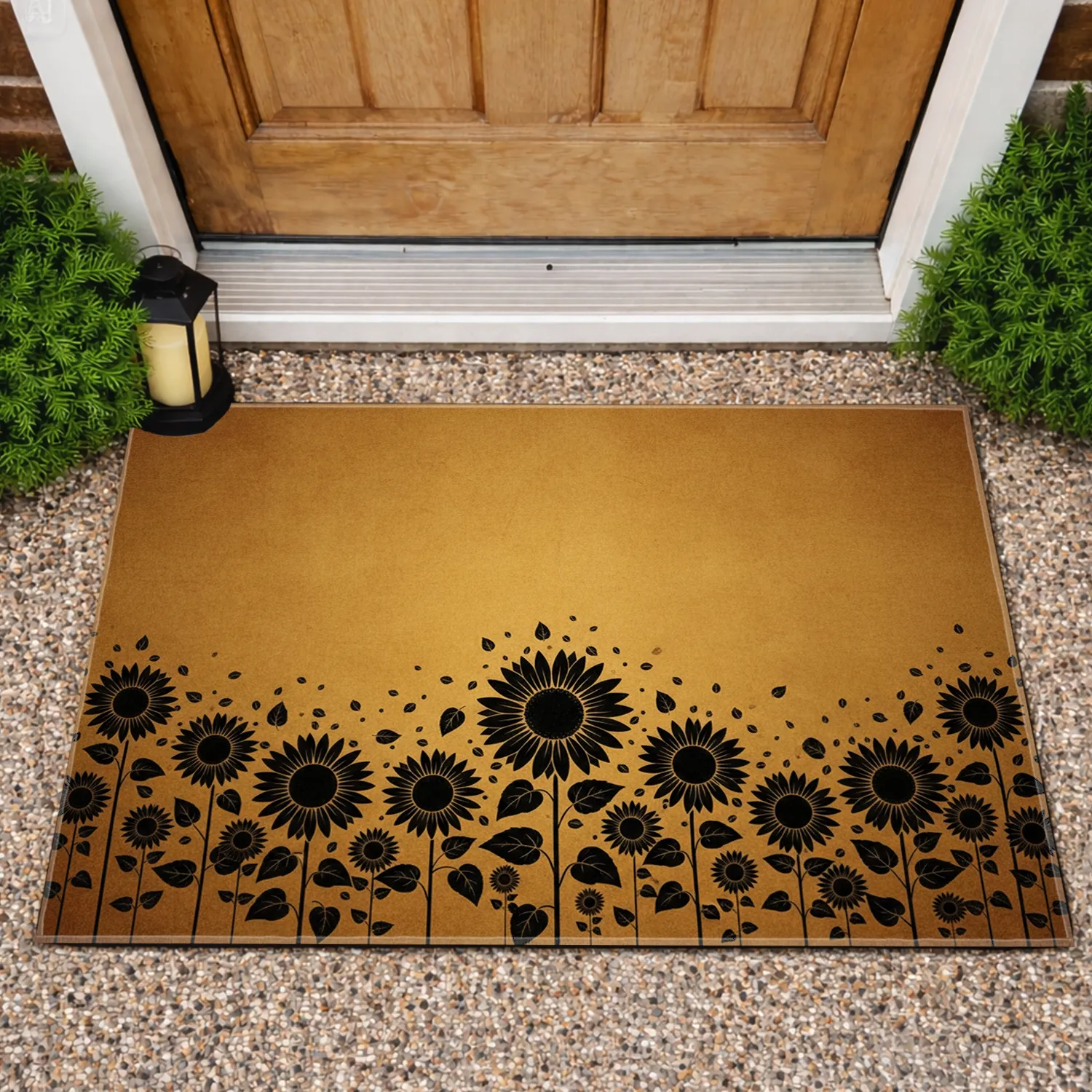 Black Sunflowers Prominent Petals Golden Brown Ochre Field - Farmhouse Home Decor Gift Doormat - 1