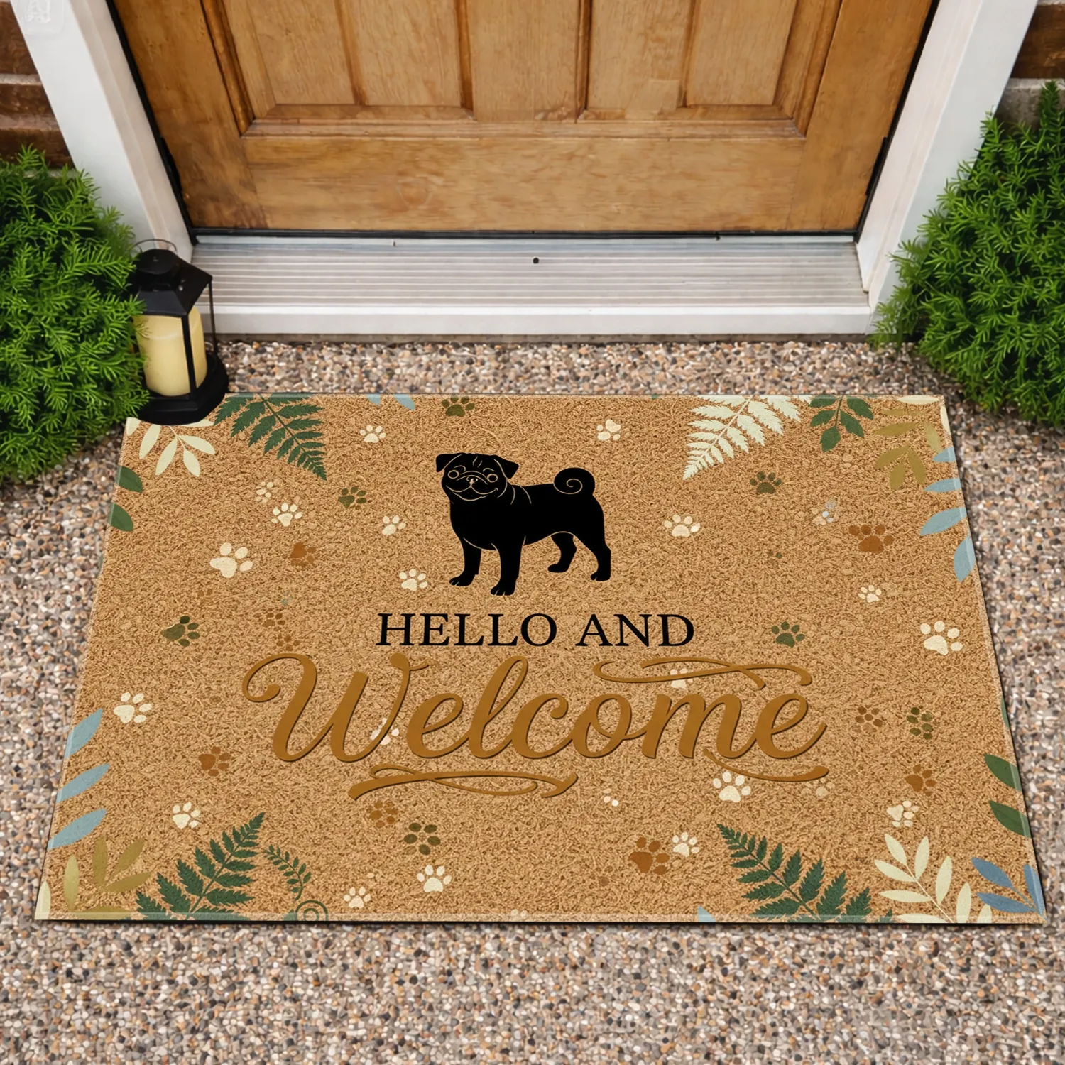 Cheerful Pug Dog Hello Welcome Sign Botanical Ferns Paw Prints - Home Entryway Decor Gift Doormat - 1