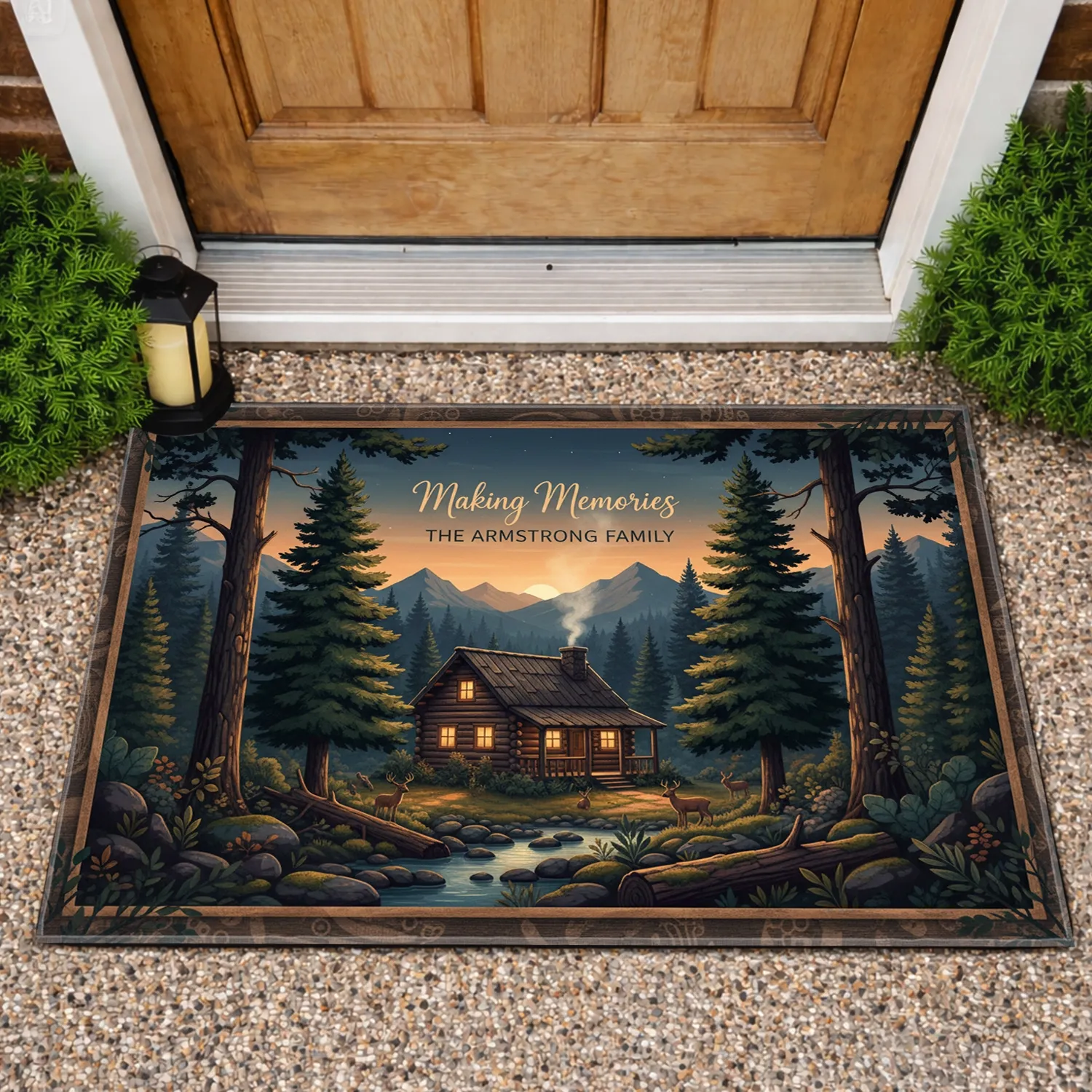 Making Memories Custom Family Log Cabin Pine Trees - Mountain Lodge Decor Gift Doormat - 1