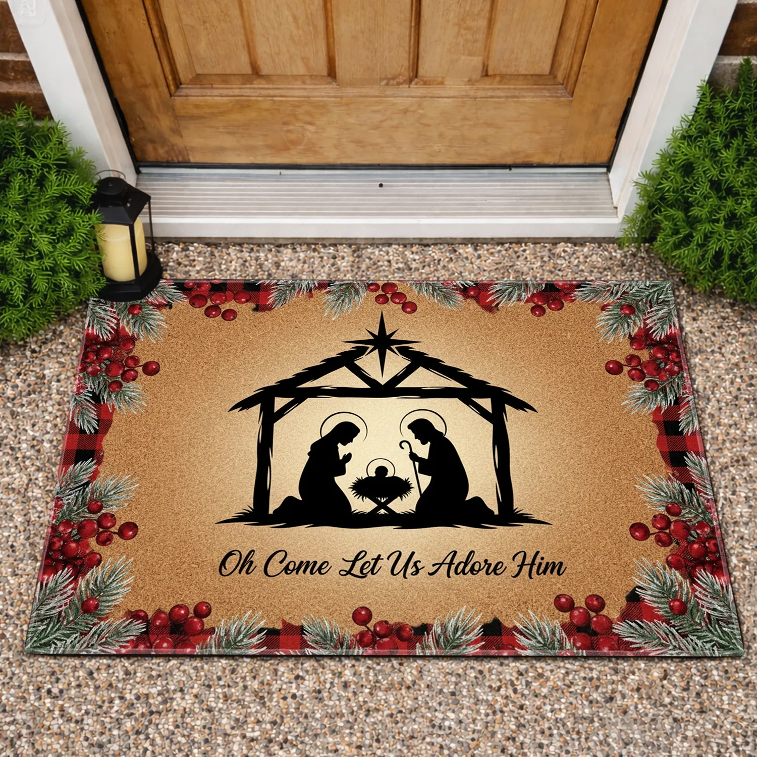 Nativity Scene Guiding Star Frosted Pine Berries Plaid - Christmas Home Decor Doormat - 1